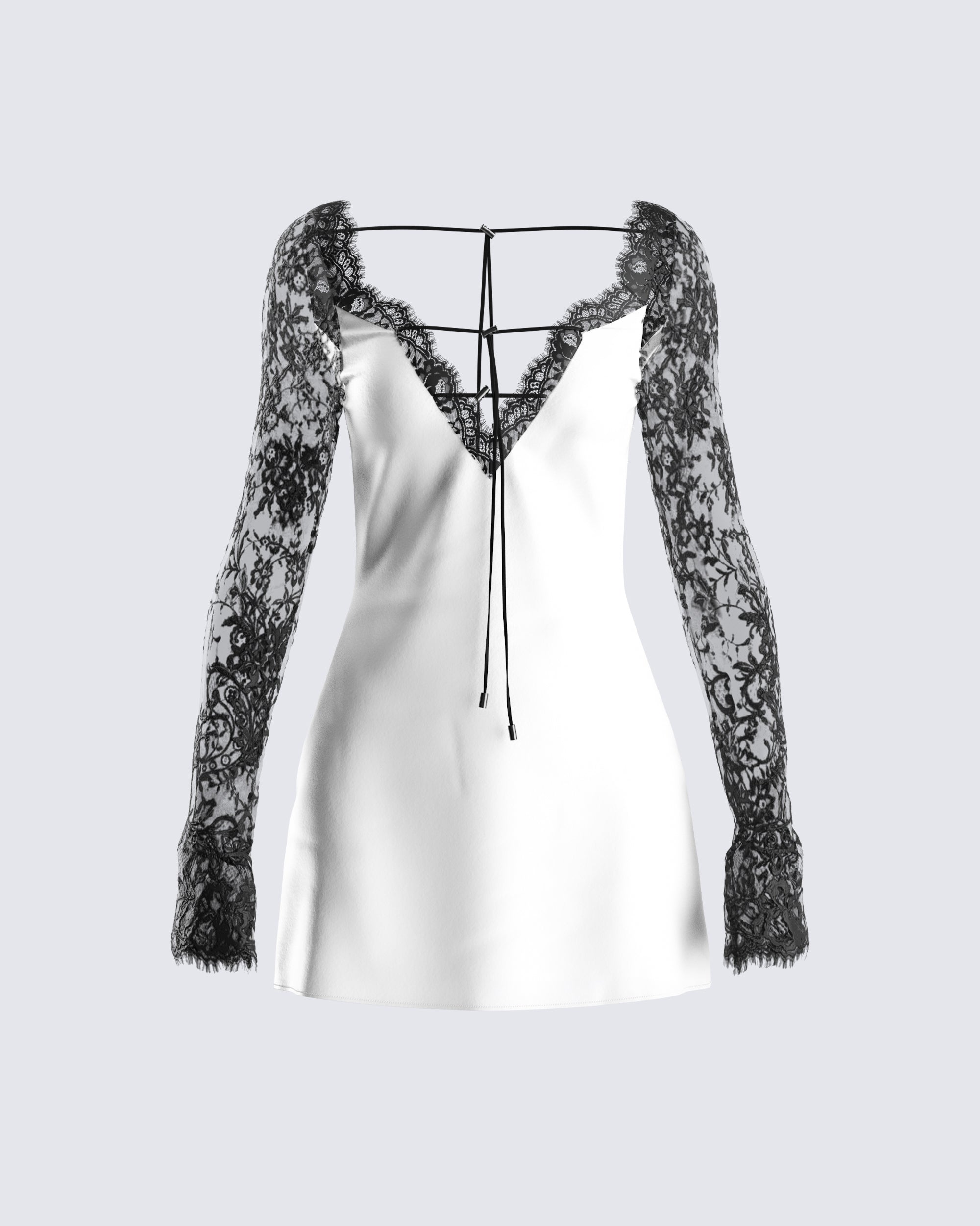 White Satin Mini Dress Black Lace Sleeves - Party FINESSE White Satin Mini Dress Black Lace Sleeves - Party FINESSE