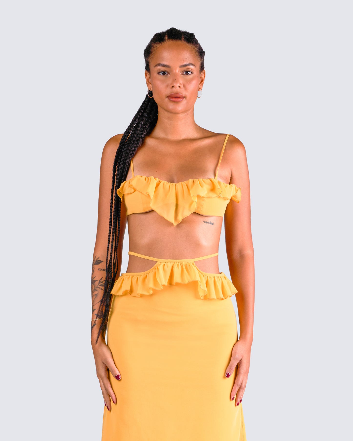 Lyra Yellow Ruffle Cropped Top model front