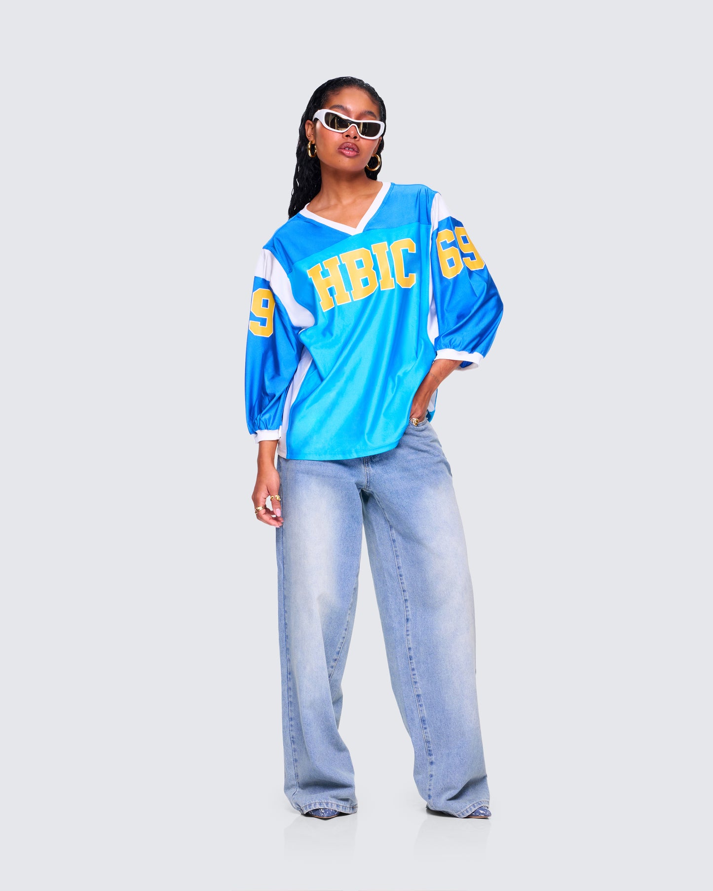 Bea Blue Graphic Sports Jersey Top