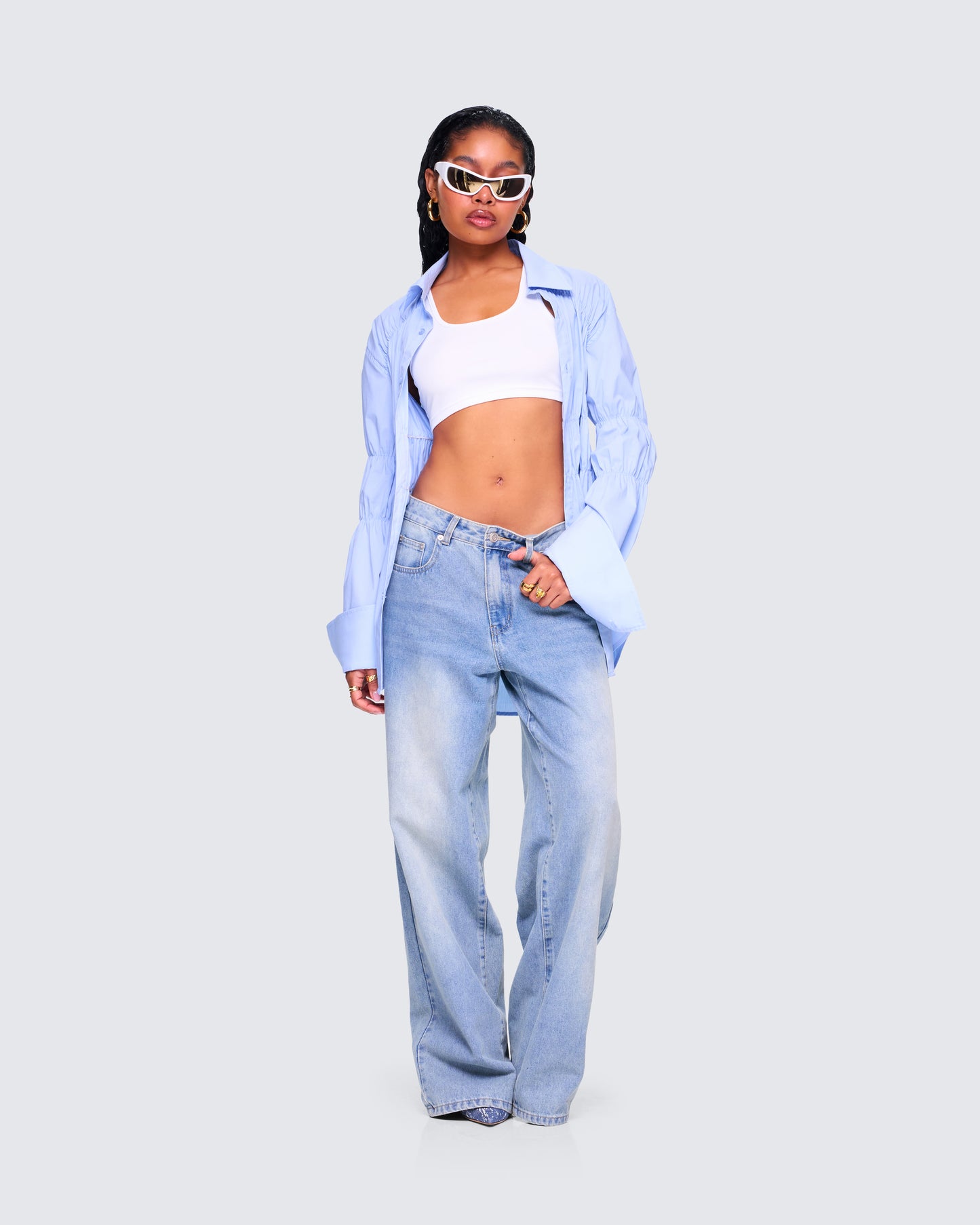 Reina Blue Poplin Ruched Shirt