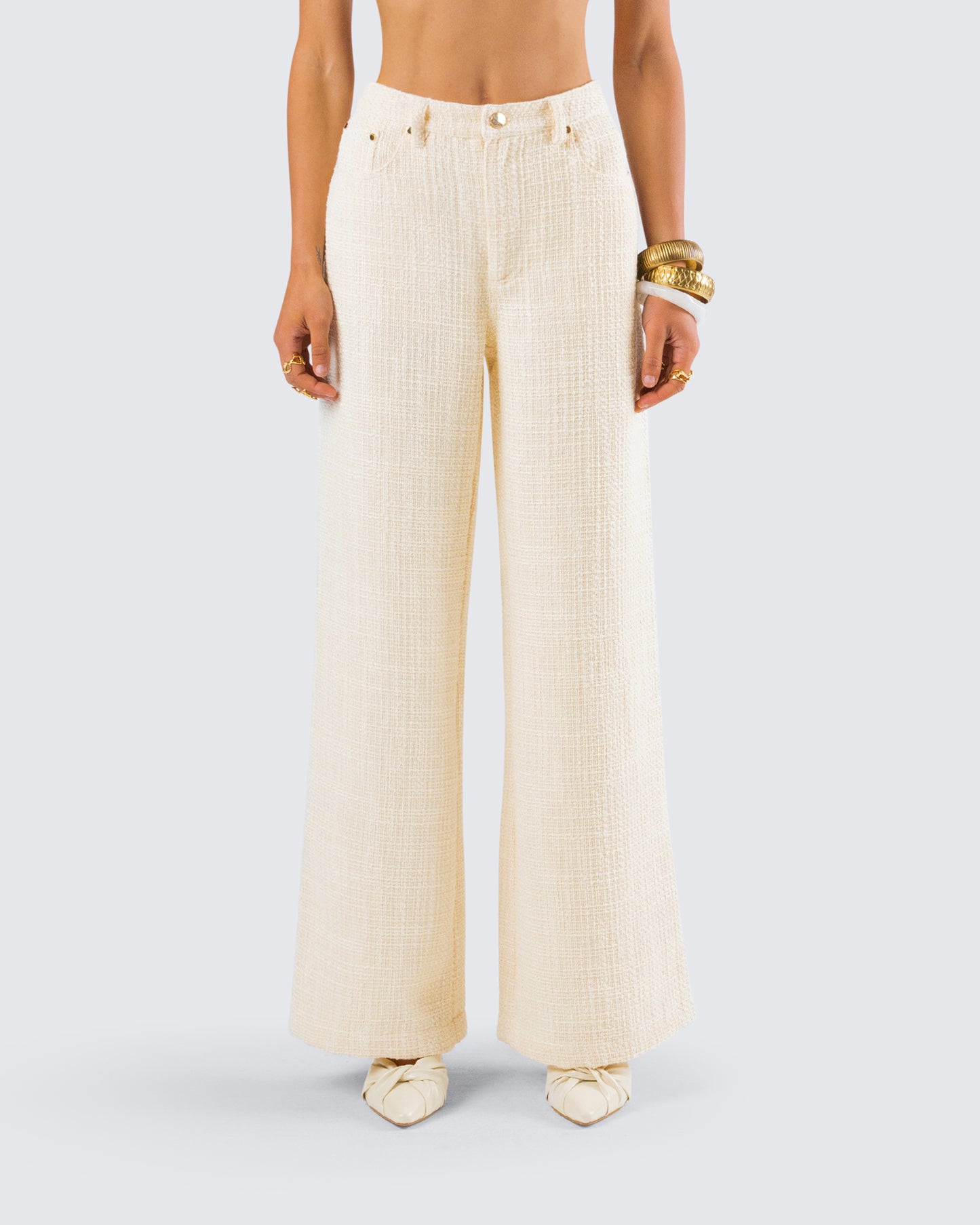 Havanah Ivory Tweed Mid Rise Pant model front