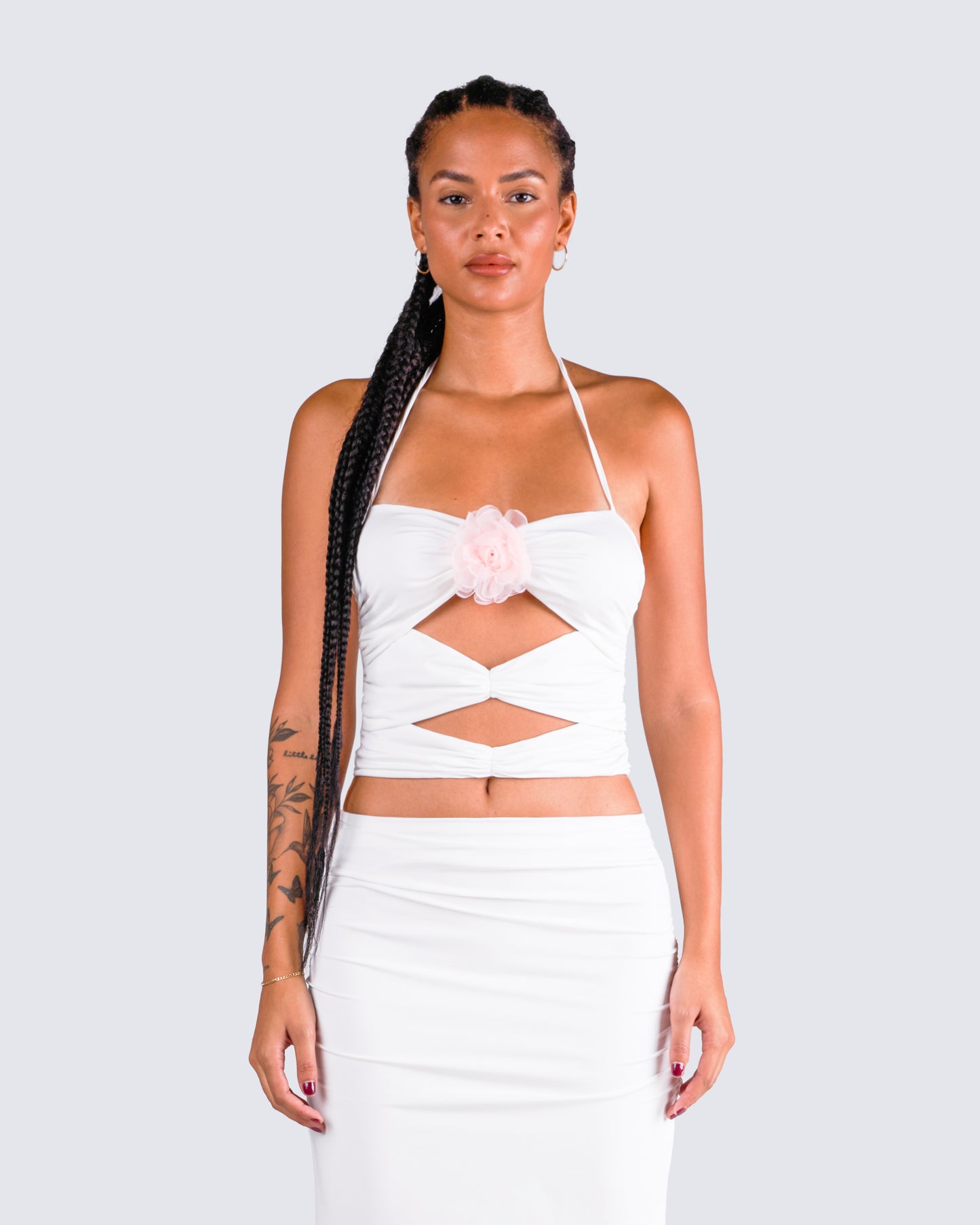 Cerelina White Jersey Cut Out Top model front