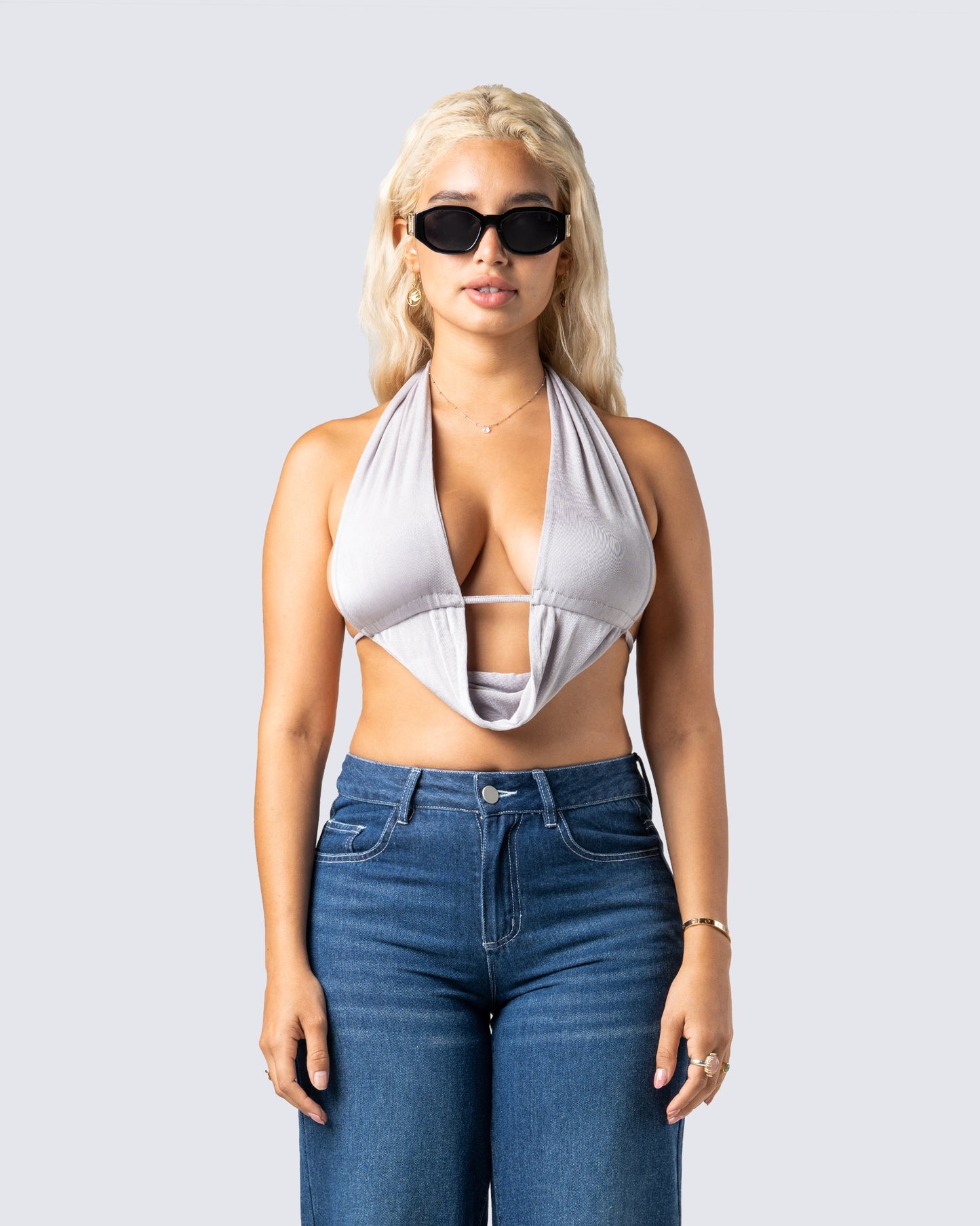 Lourdes Grey Jersey Halter Top model front