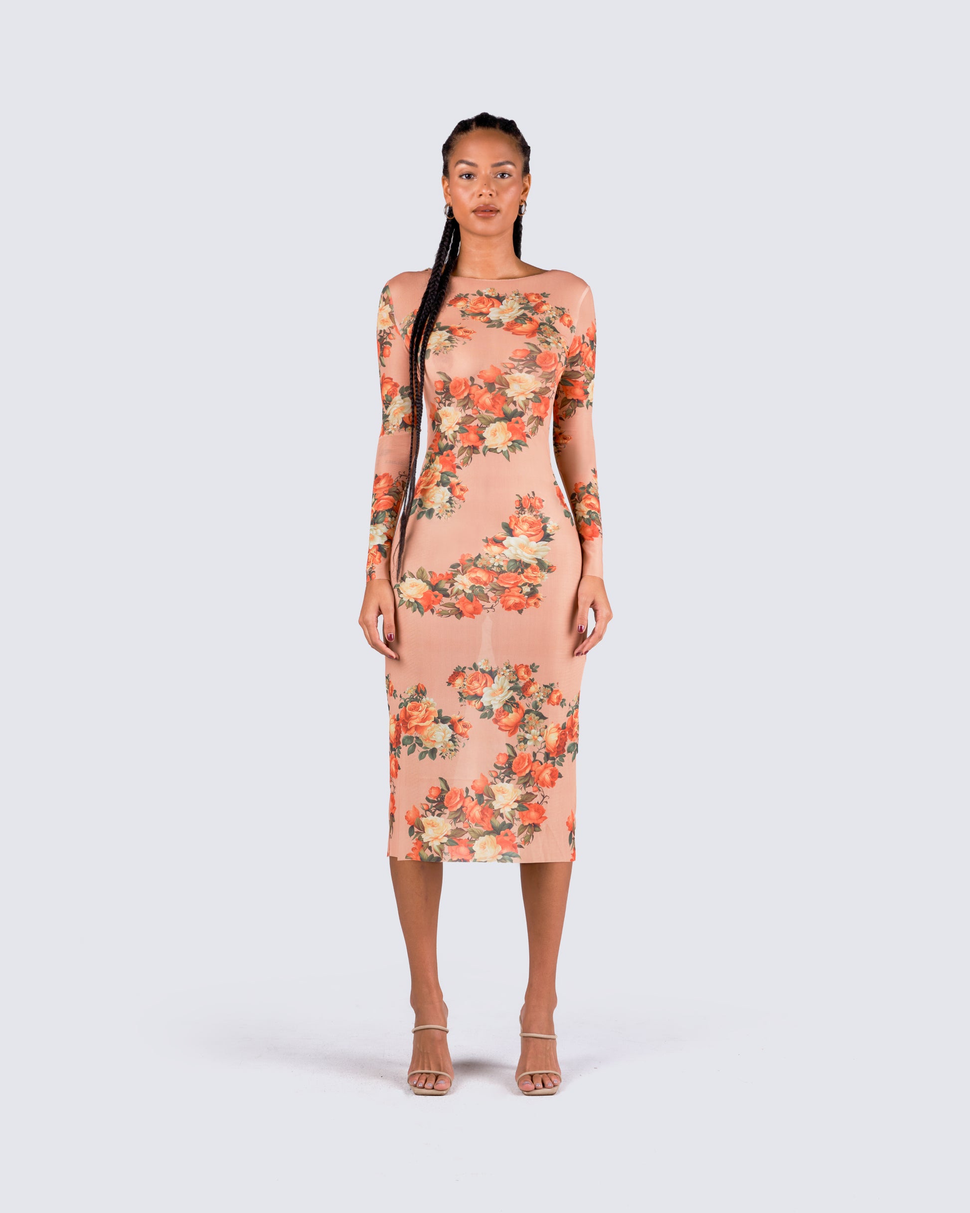 Gardenia Rose Print Mesh Midi Dress model front