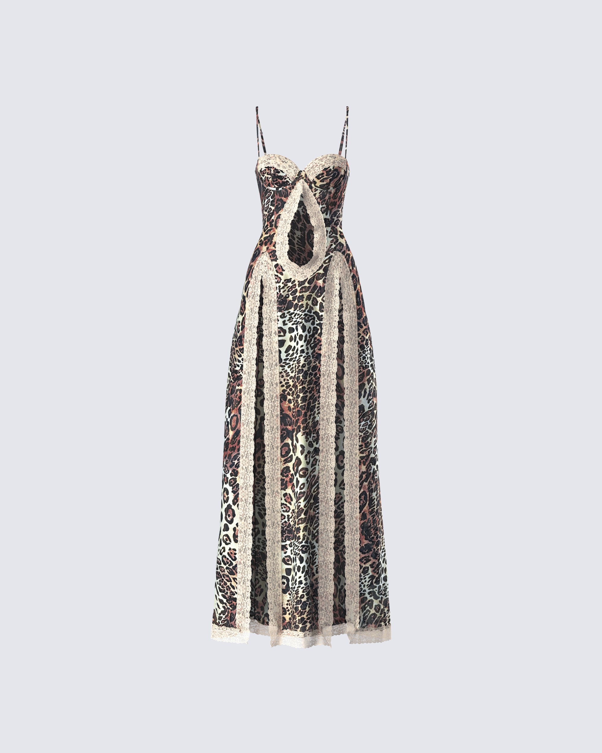 Leopard Print Maxi Dress - Lace Trim Cutout FINESSE Leopard Print Maxi Dress - Lace Trim Cutout FINESSE