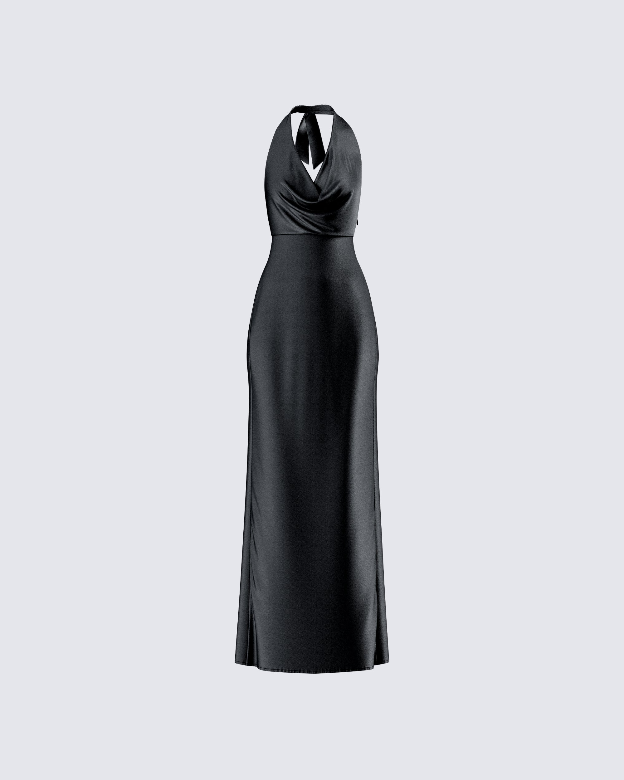 Black Satin Halter Maxi Dress - Cowl Neck Evening Gown FINESSE Black Satin Halter Maxi Dress - Cowl Neck Evening Gown FINESSE