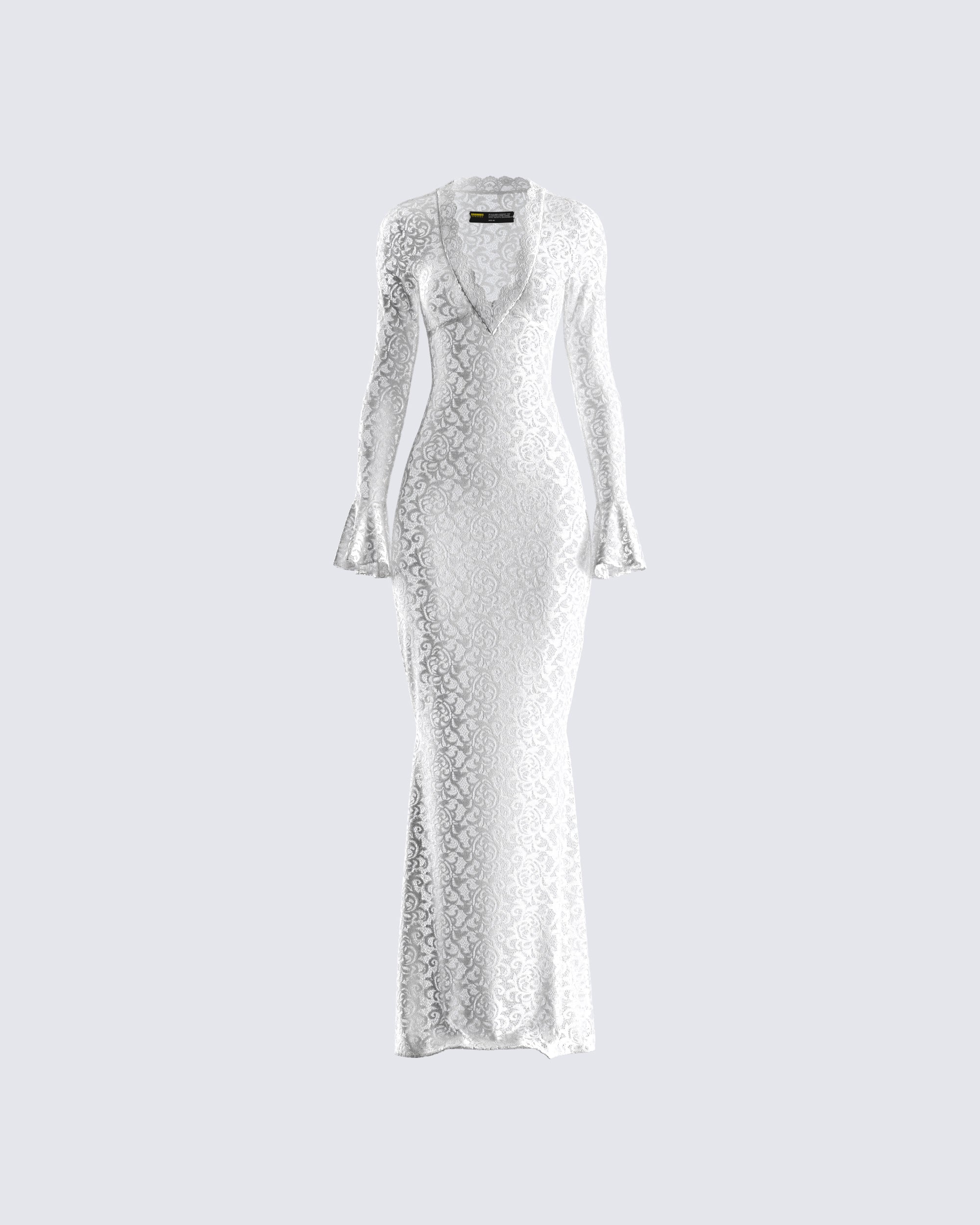 White Lace Maxi Dress - Long Sleeve V-Neck Formal FINESSE White Lace Maxi Dress - Long Sleeve V-Neck Formal FINESSE