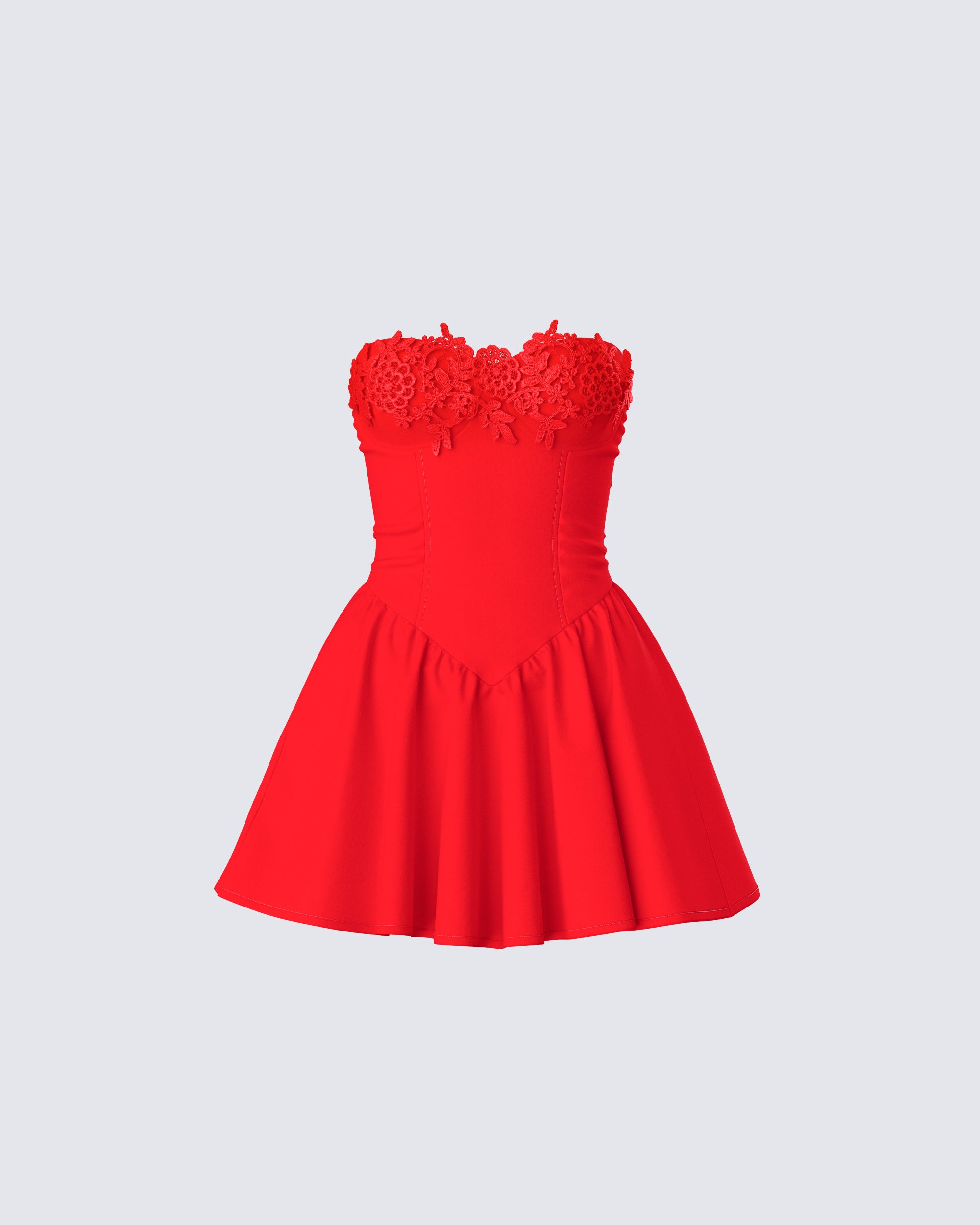 Red Lace Mini Dress - Strapless Flared Party Dress FINESSE Red Lace Mini Dress - Strapless Flared Party Dress FINESSE
