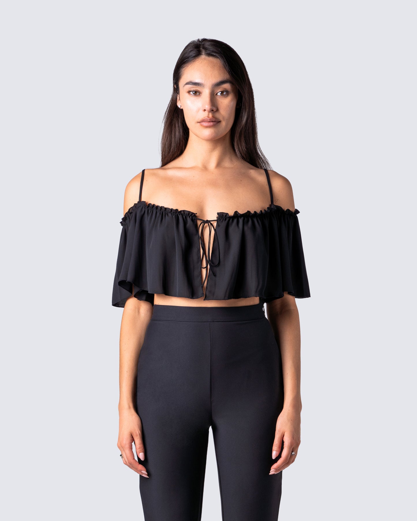 Catalina Black Chiffon Ruffle Top model front