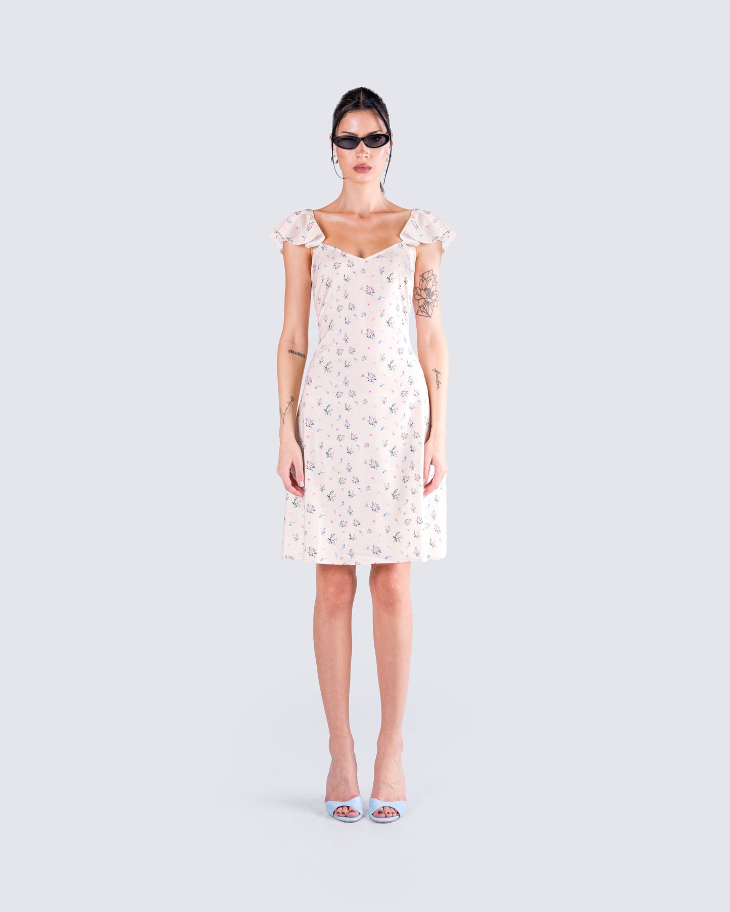 Francisca Beige Flower Print Dress model front