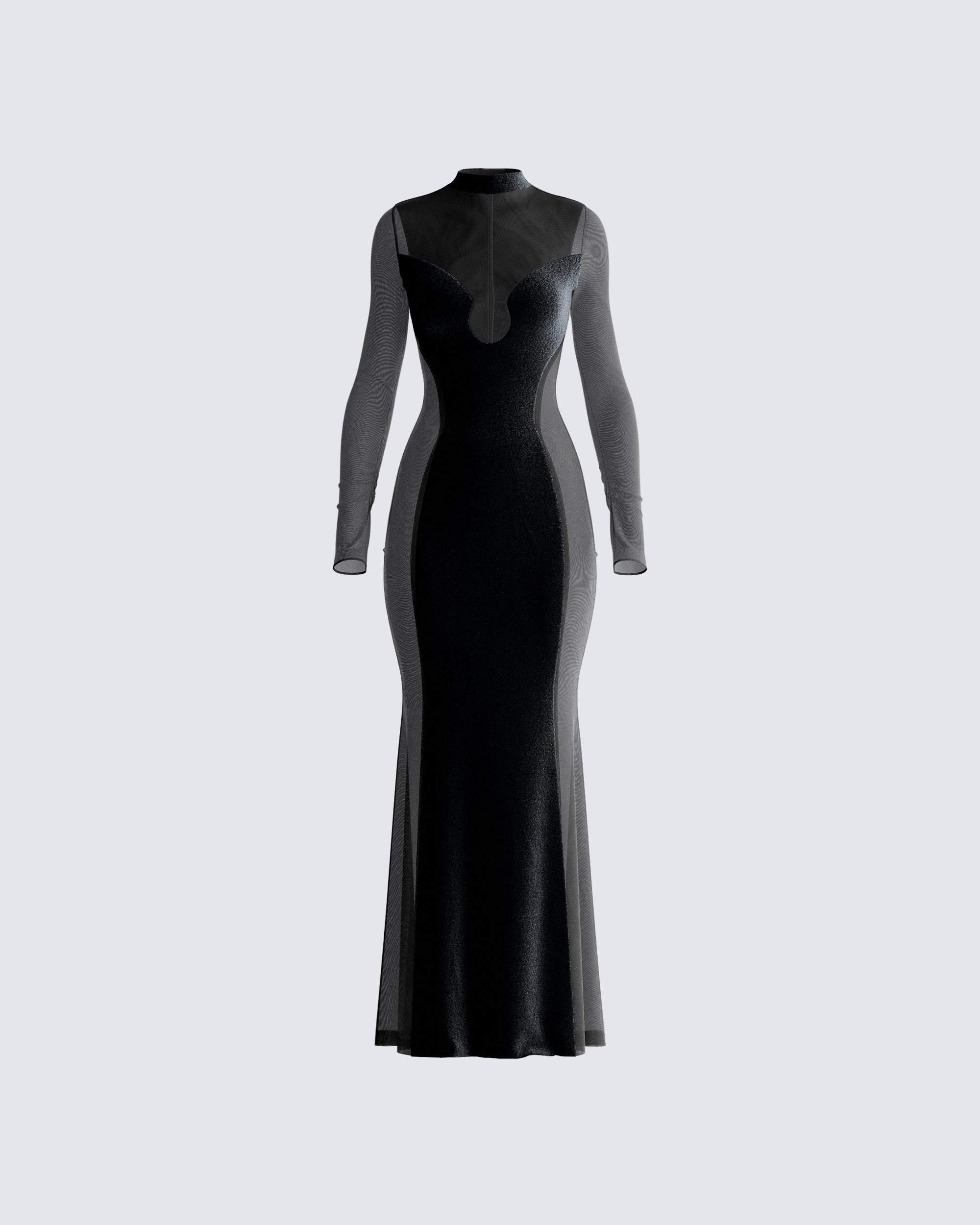 Black Velvet Gown - Long Sleeve Mesh Panel Formal FINESSE Black Velvet Gown - Long Sleeve Mesh Panel Formal FINESSE