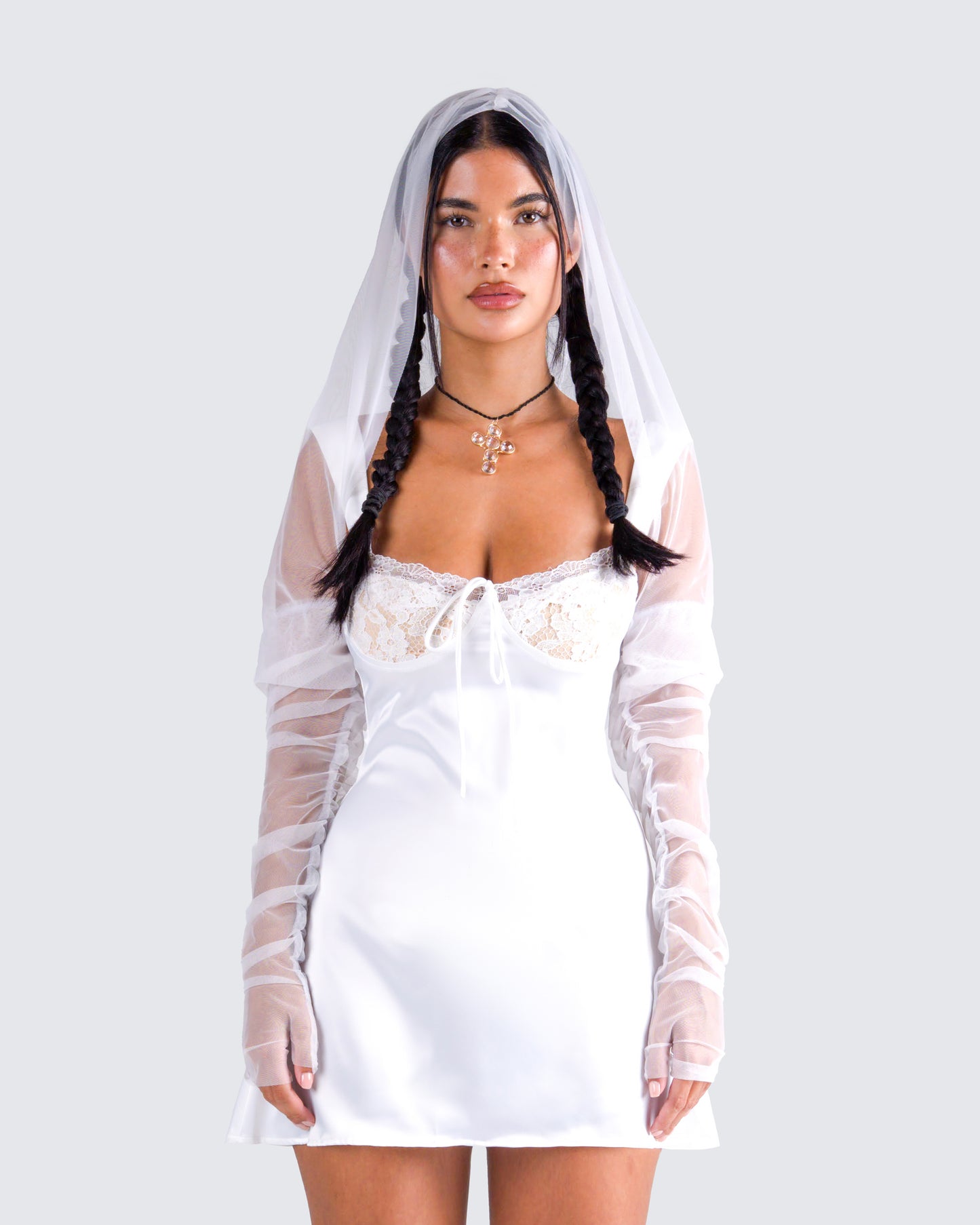 Alexa White Gauze Hooded Shrug model front