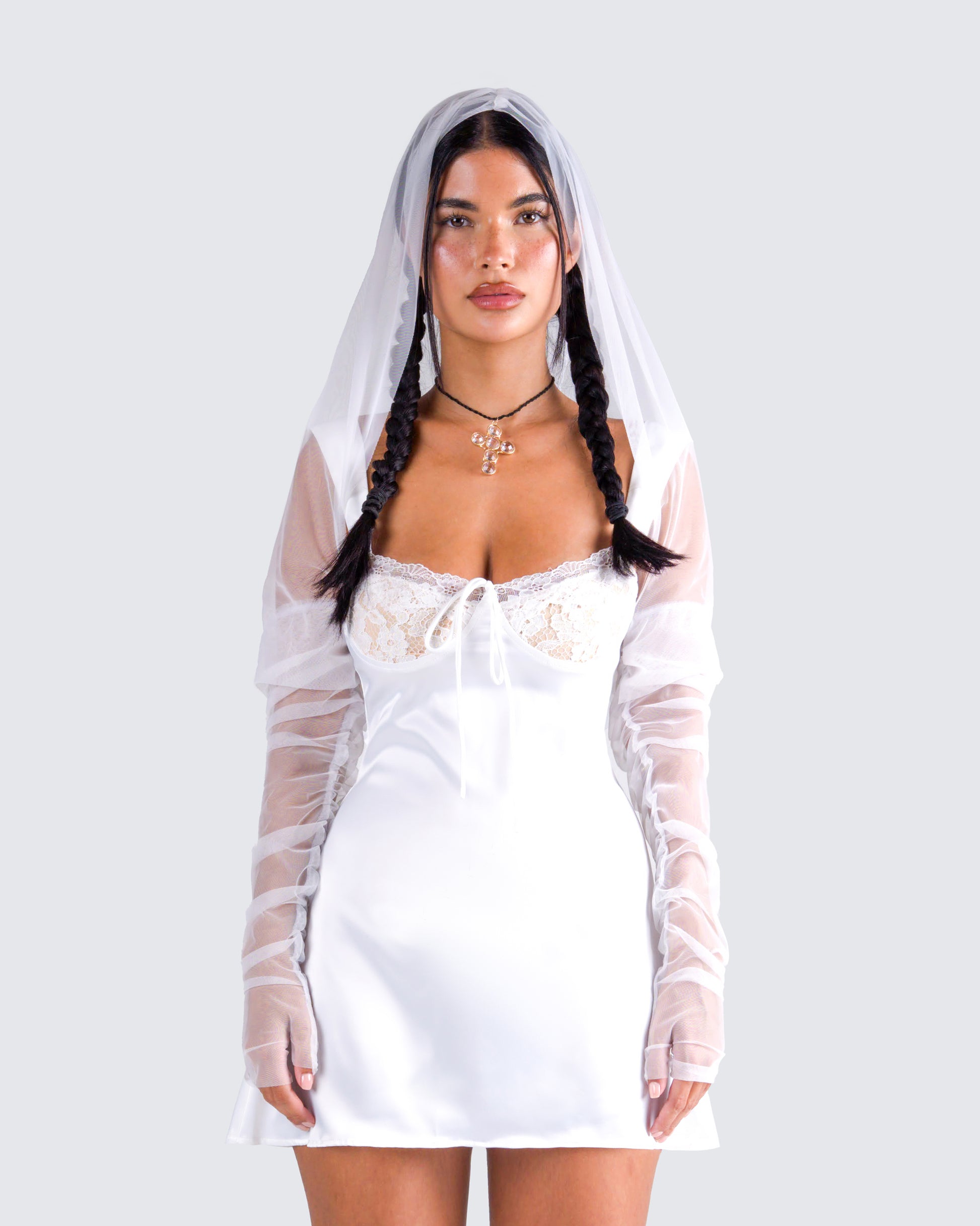 Alexa White Gauze Hooded Shrug model front