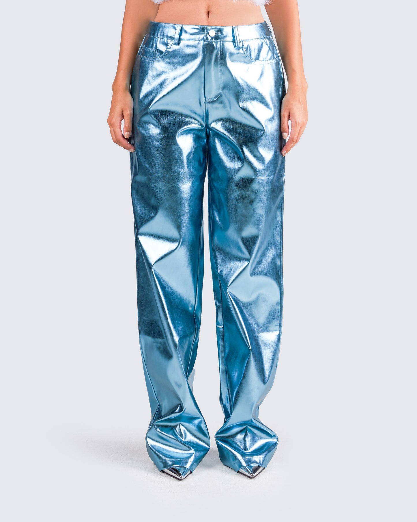 Asta Metallic Blue Trouser Pant model front