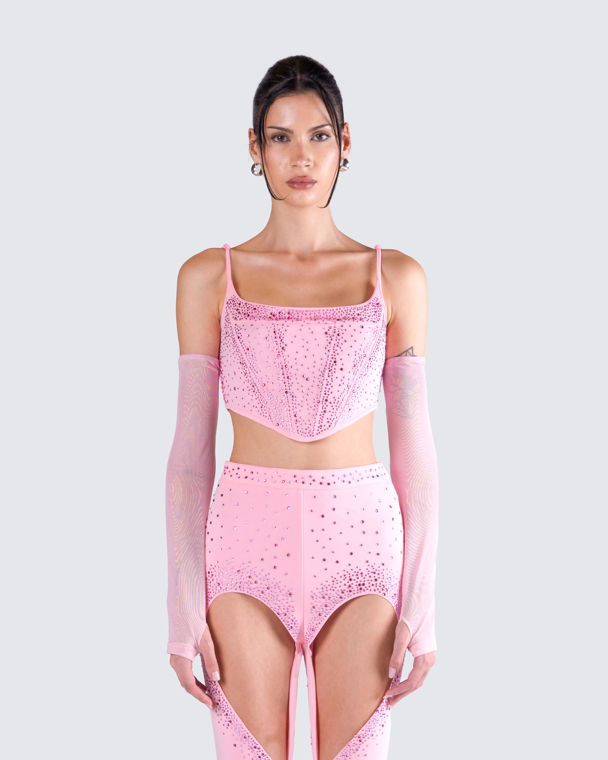 Delisa Pink Rhinestone Corset Top model front