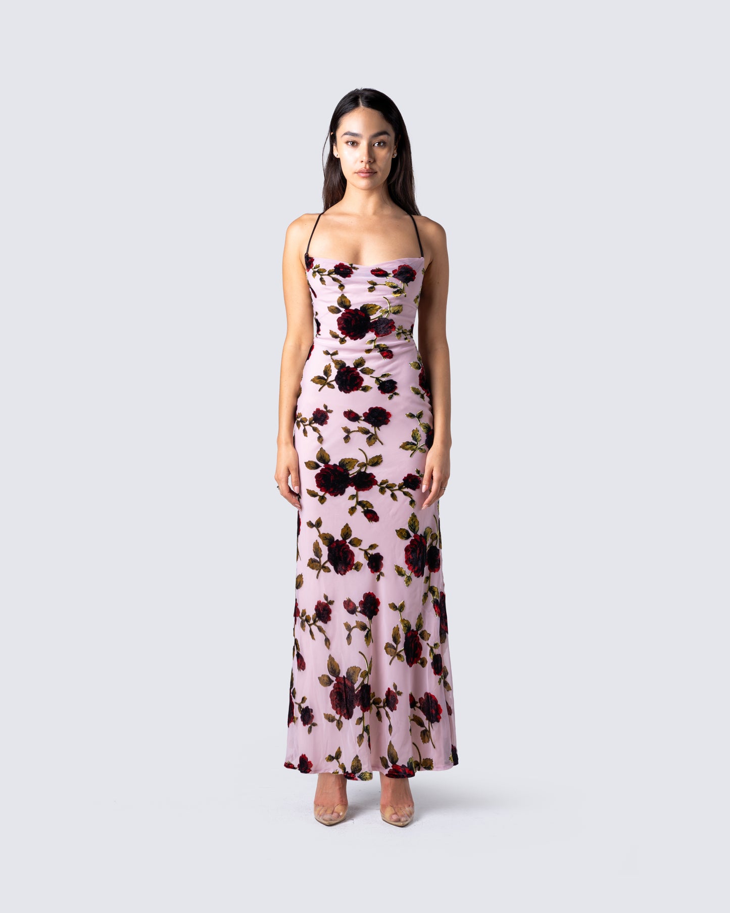 Lara Floral Velvet Burnout Dress model front