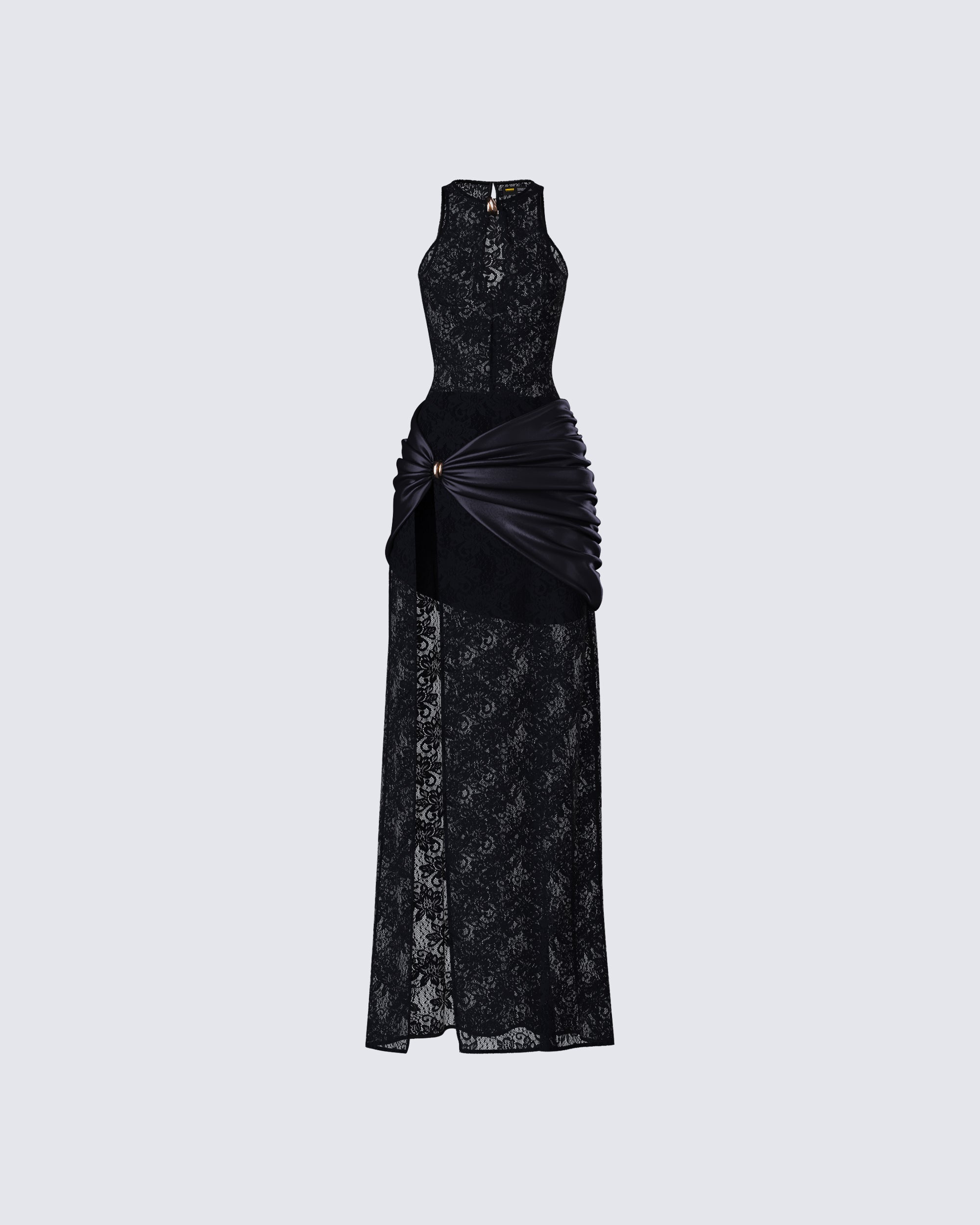 Black Lace Maxi Dress - Cut Out Waist Evening Gown FINESSE Black Lace Maxi Dress - Cut Out Waist Evening Gown FINESSE