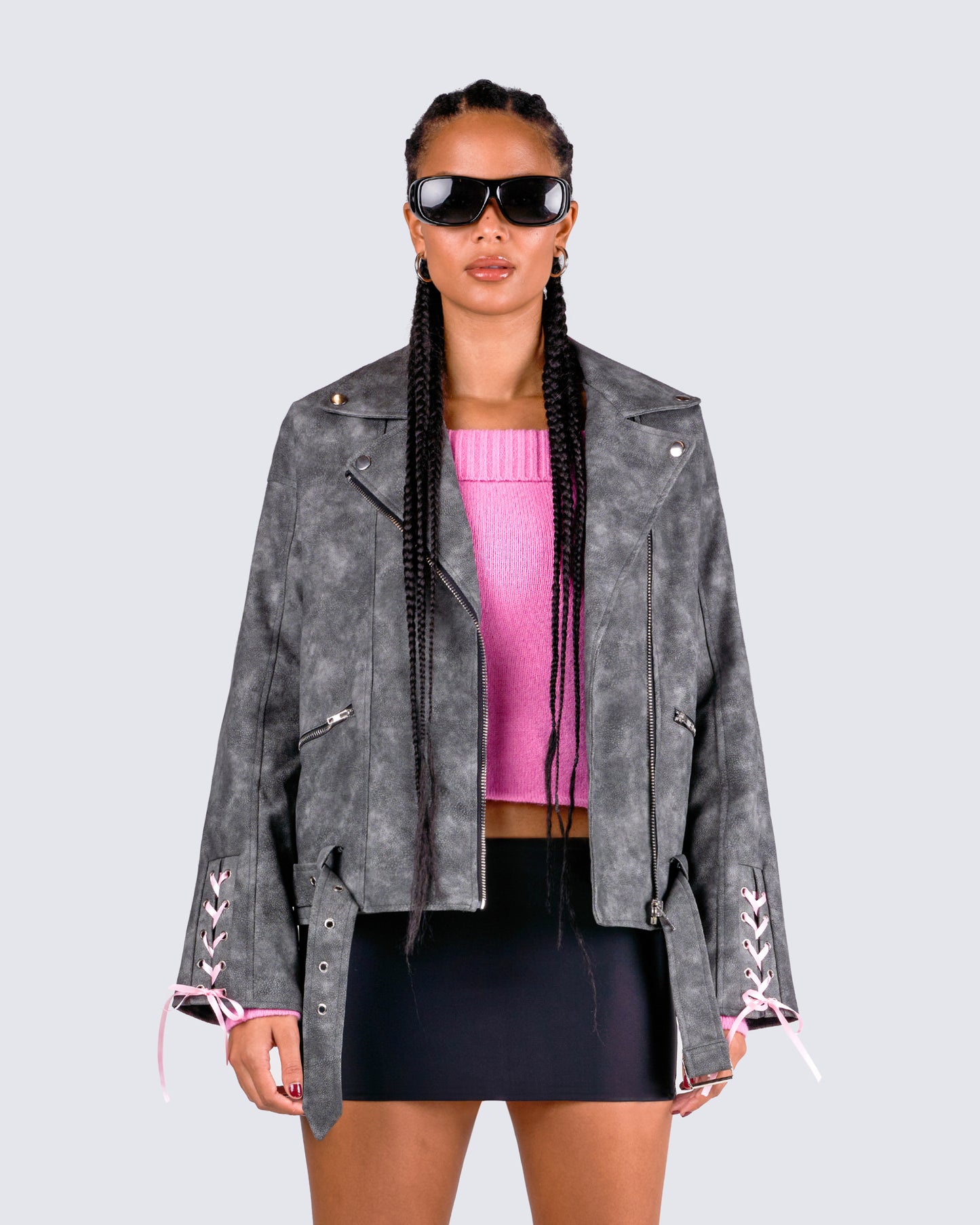 Nancy Black Vegan Leather Jacket model front