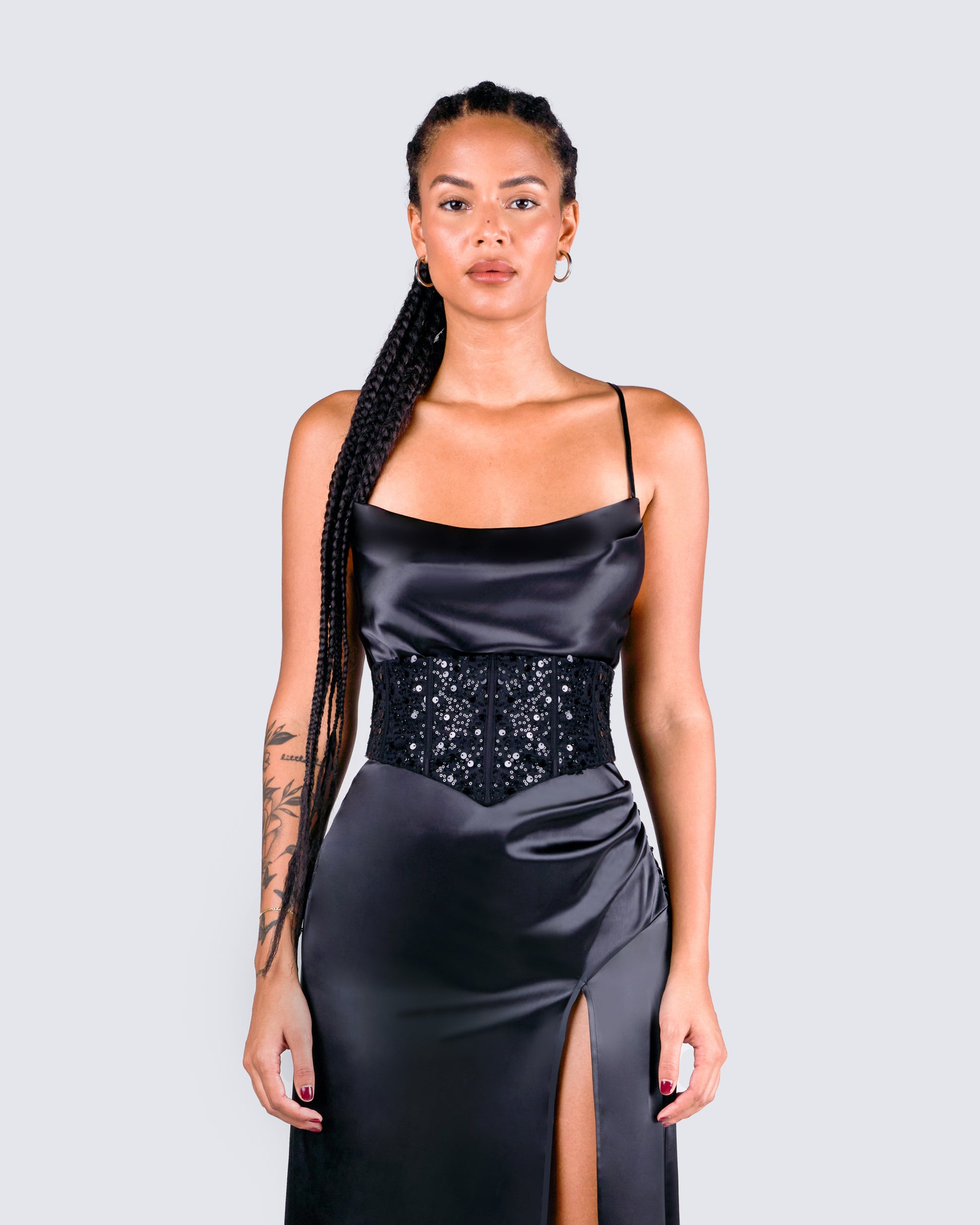 Lerata Black Sequin Corset Top model front