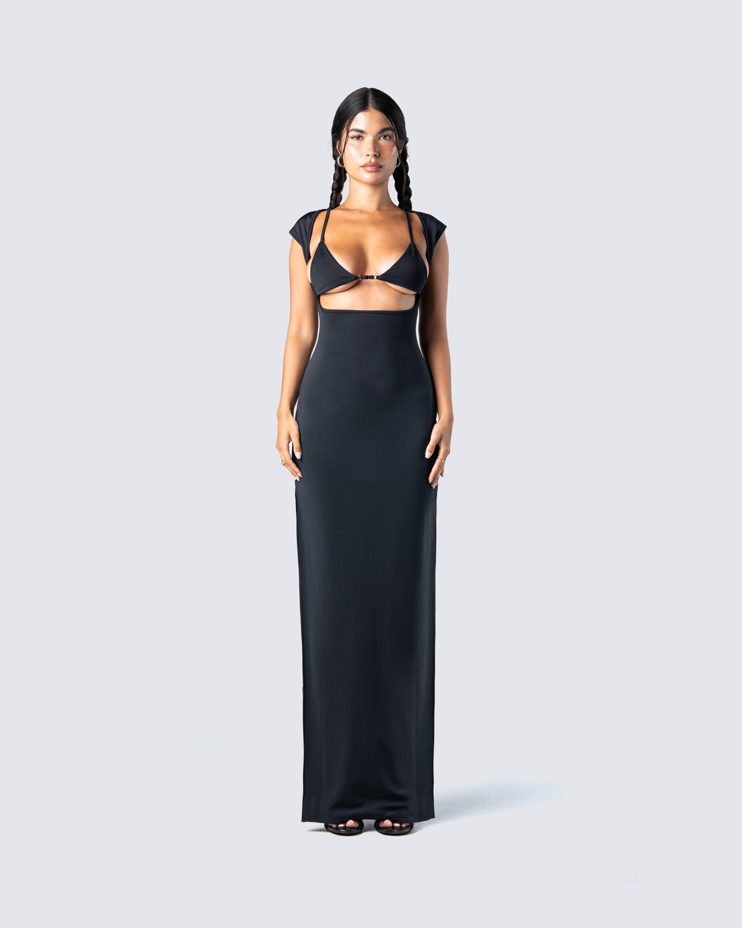 Jett Black Knit Cut Out Maxi Dress model front