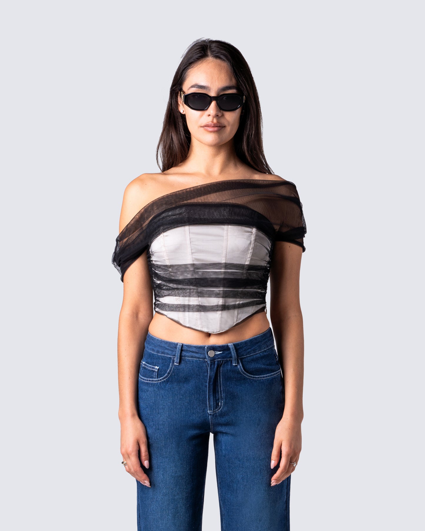 Baer Black Tulle Off Shoulder Top model front