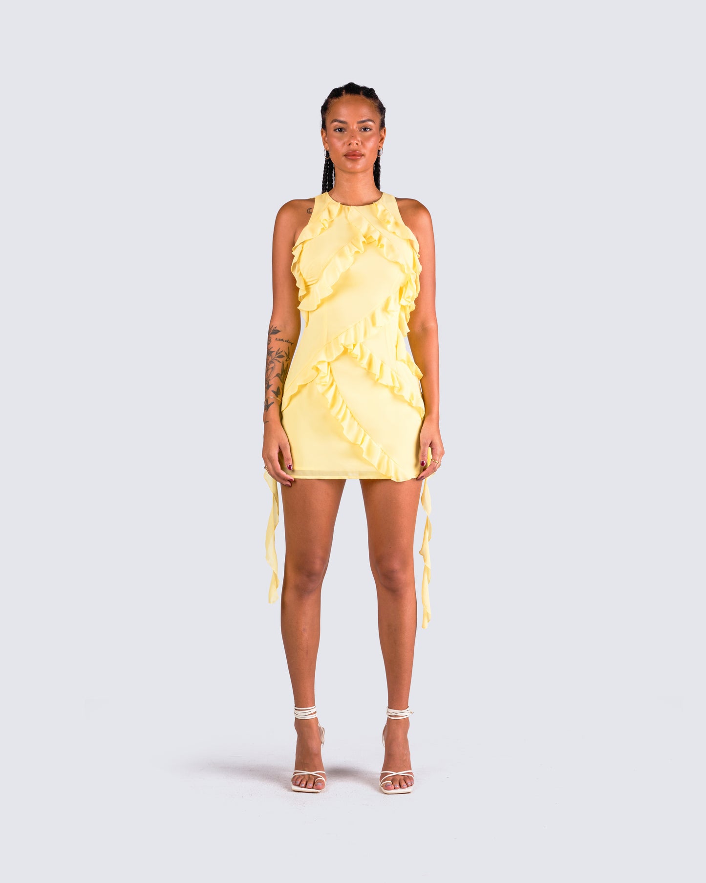 Gem Yellow Ruffle Mini Dress model front