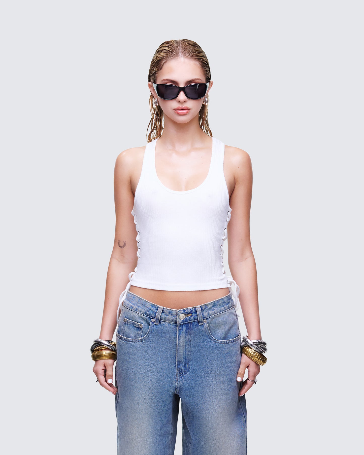 Nixie White Lace Up Tank model front