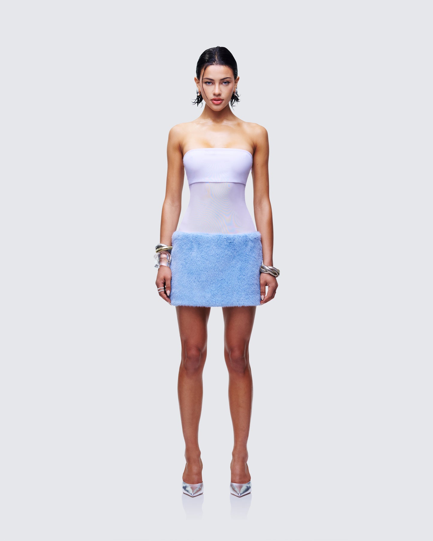 Noelle Blue Faux Fur Mesh Mini Dress model front