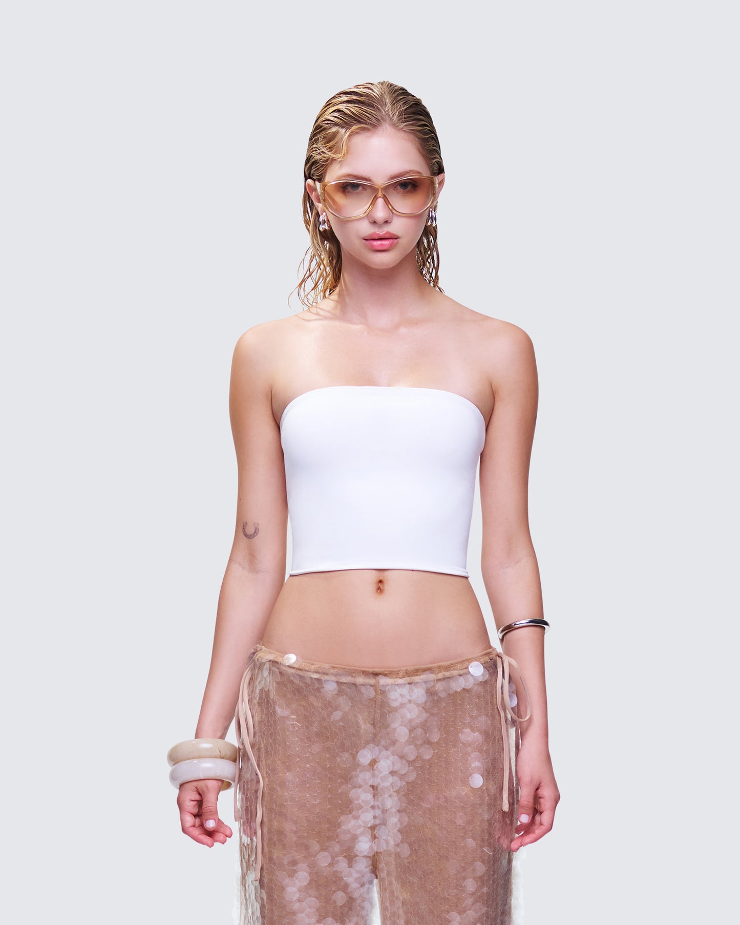 Reese White Jersey Strapless Top model front