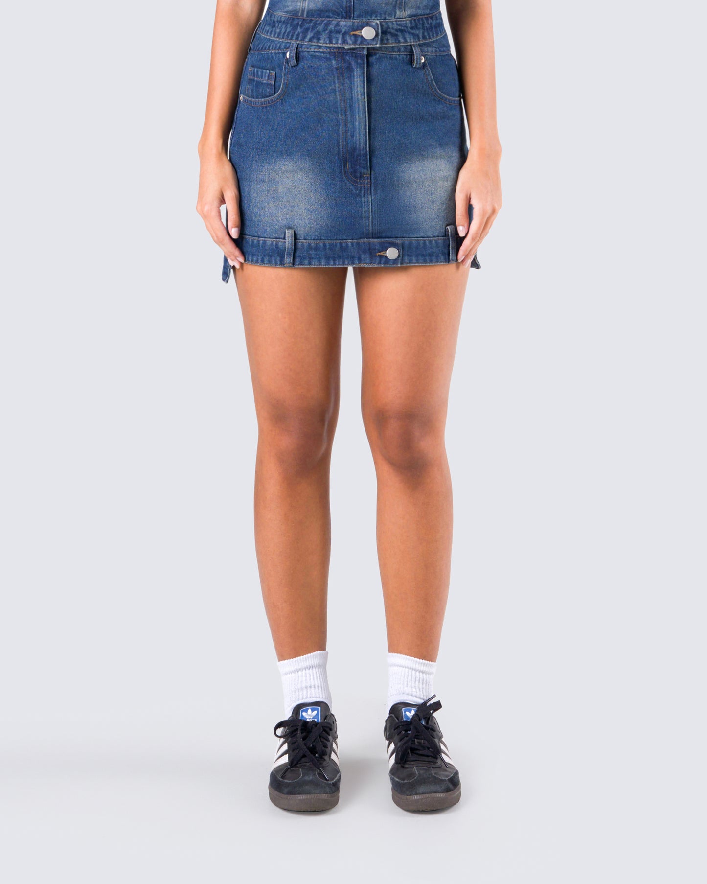 Georgina Blue Denim Mini Skirt model front