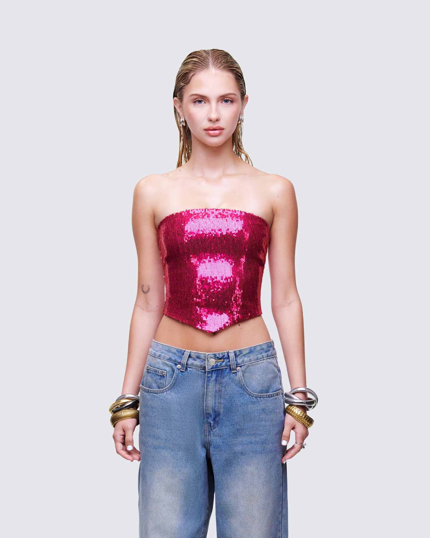 Astraia Pink Sequin Bandeau Top model front