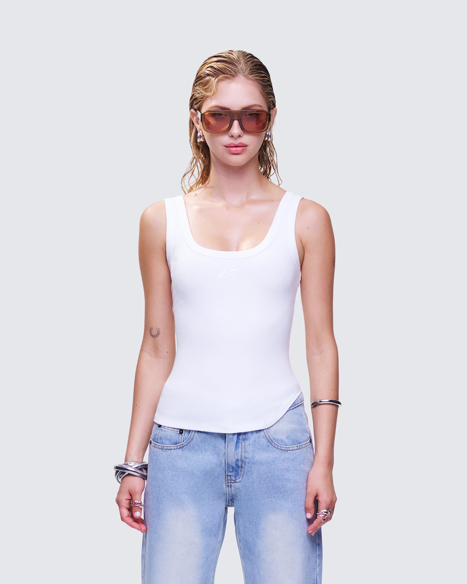 Naia White Tilted Hem Tank Top model front