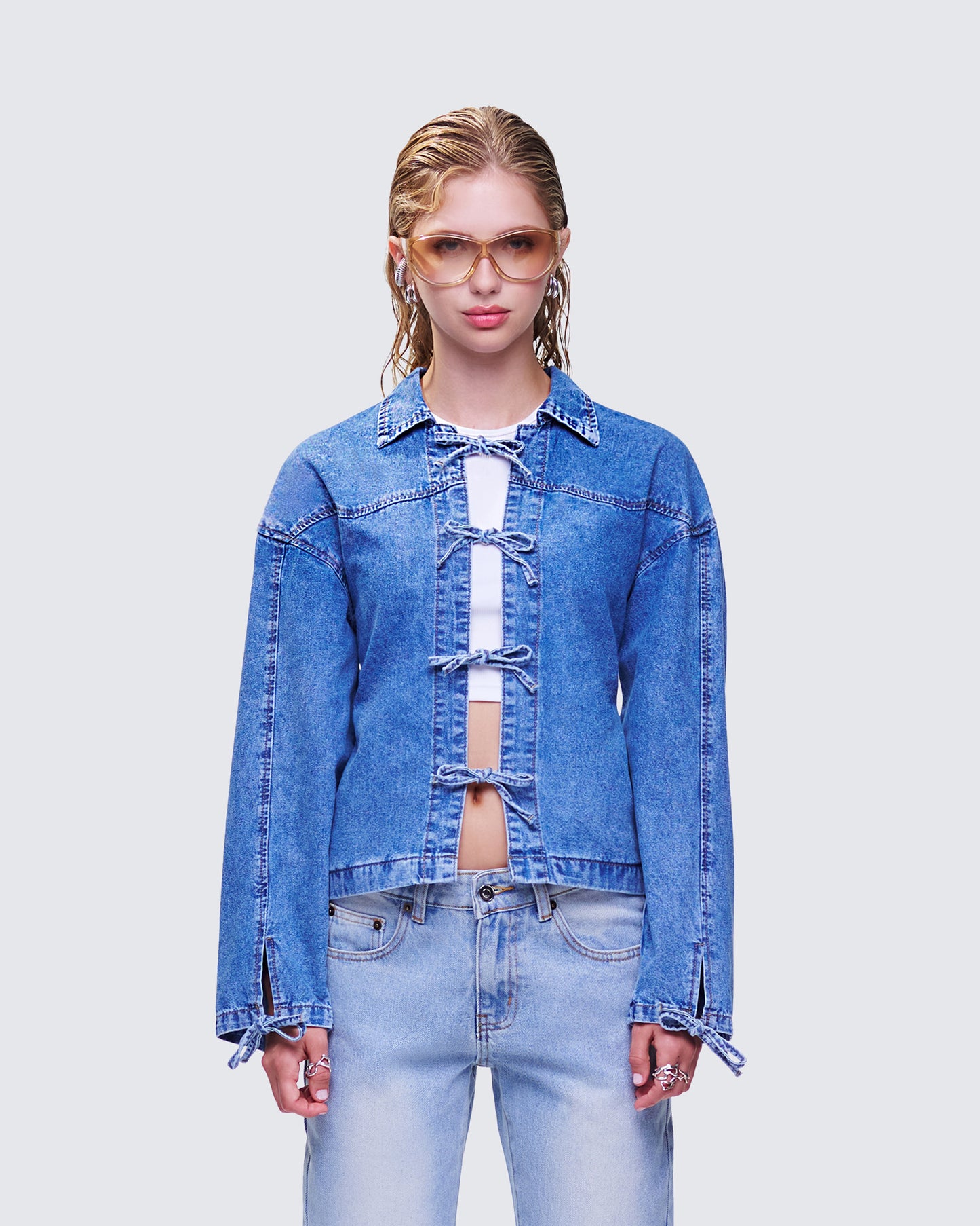 Freesia Blue Bow Tied Denim Shirt Jacket