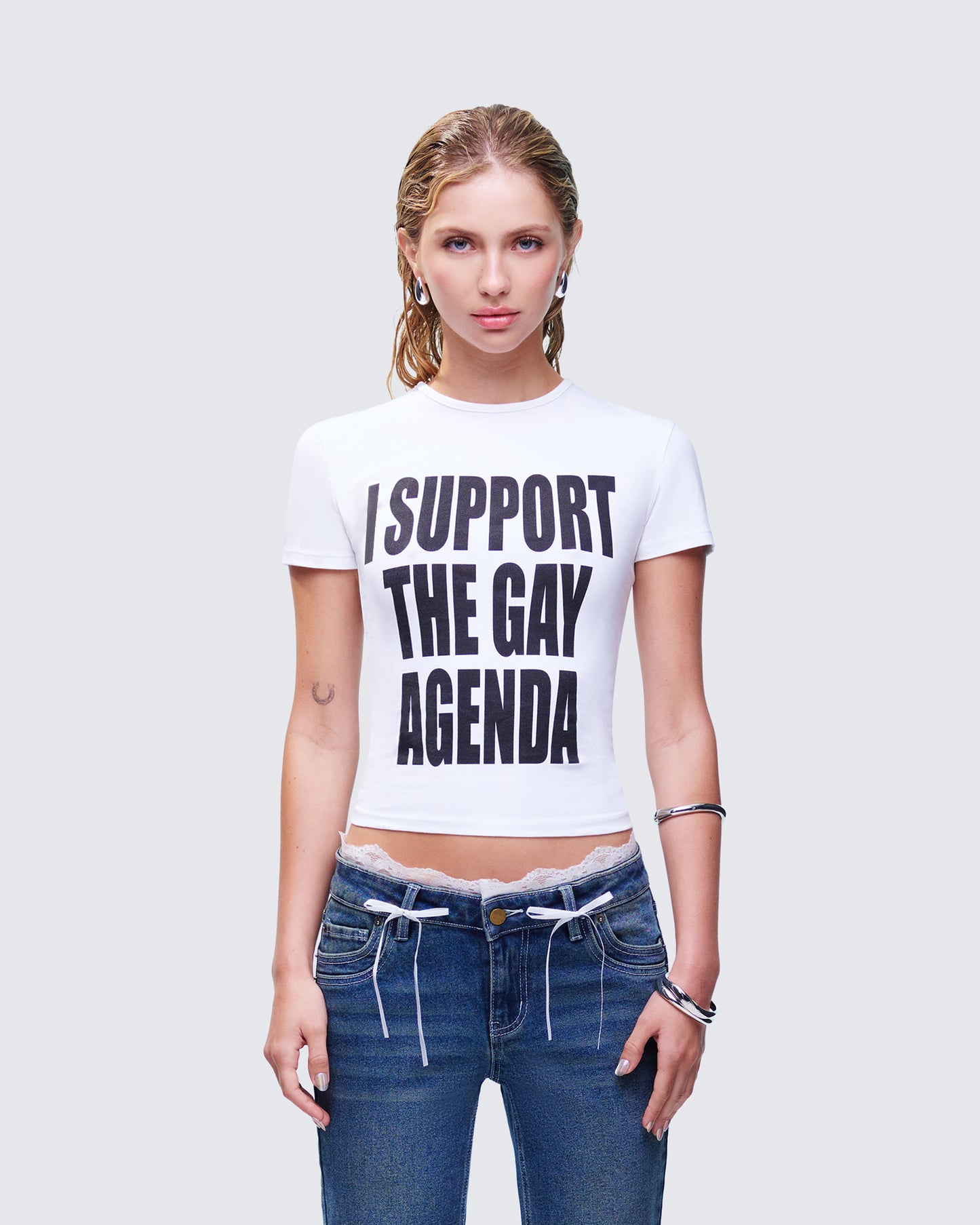 Drea White Slogan Classic Tee model front