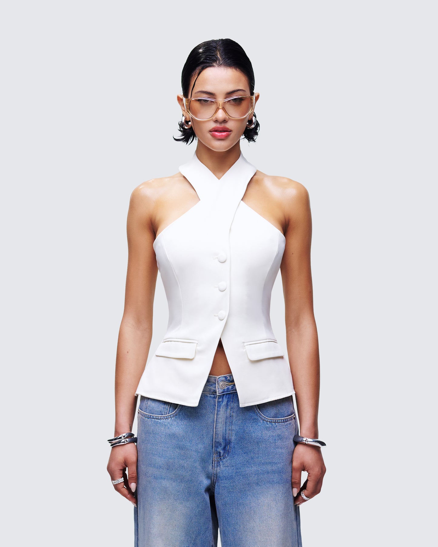 Elina Cream Halter Neck Waistcoat model front