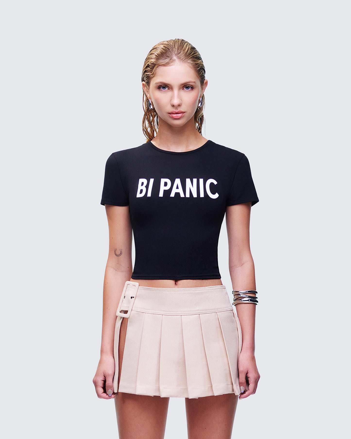 Meera Black Slogan Baby Tee model front