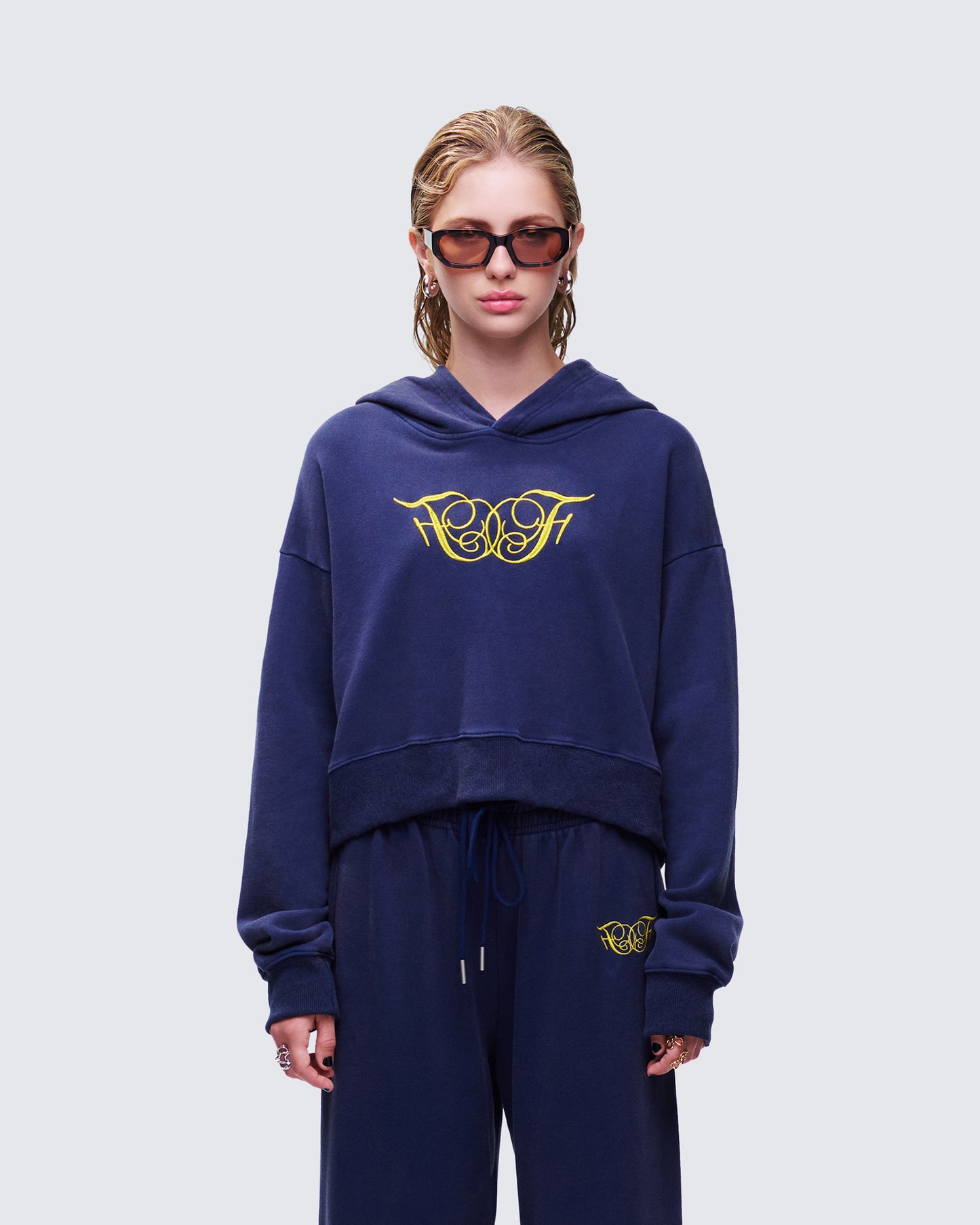 Kamilah Blue Acid Wash Hooded Sweater model front