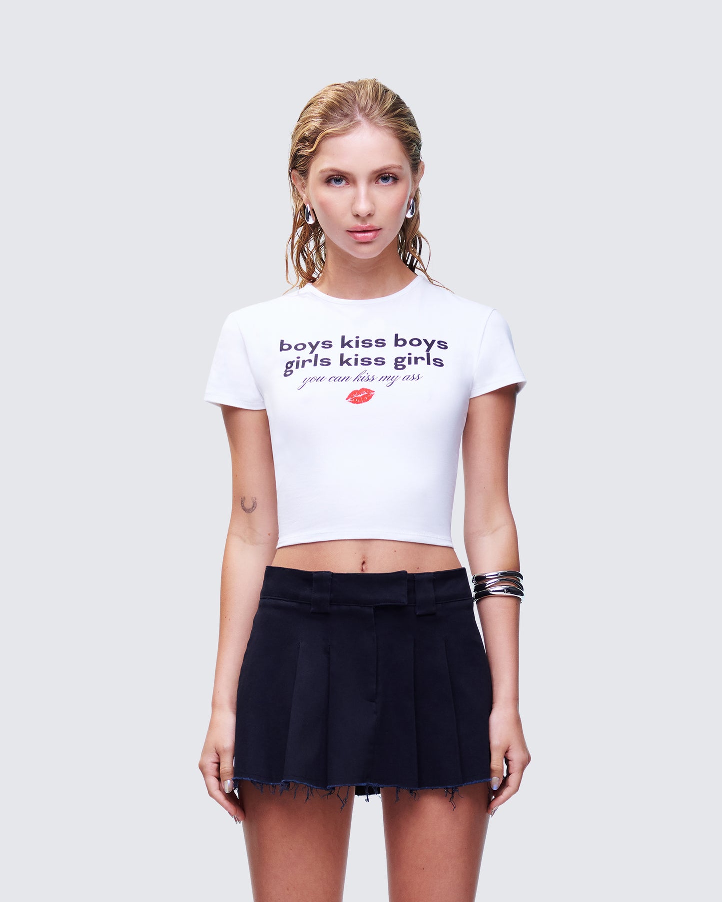 Hema White Slogan Baby Tee model front
