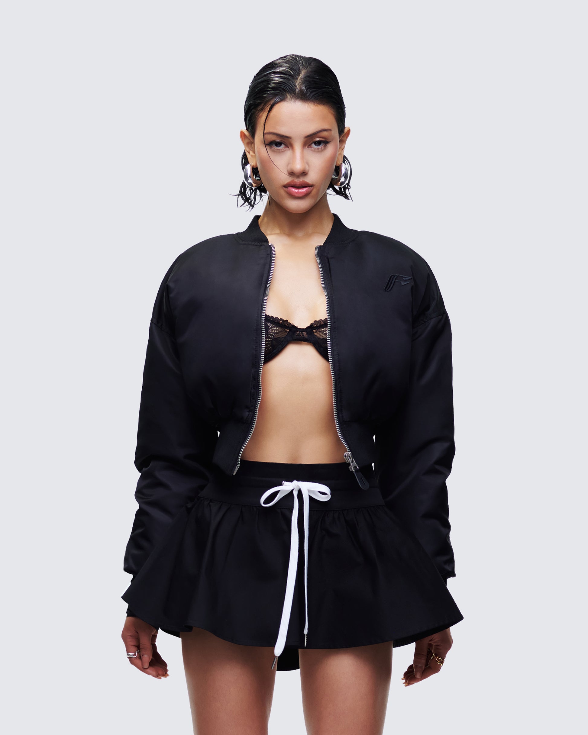 Khione Black Flight Satin Cropped Bomber Jacket model front