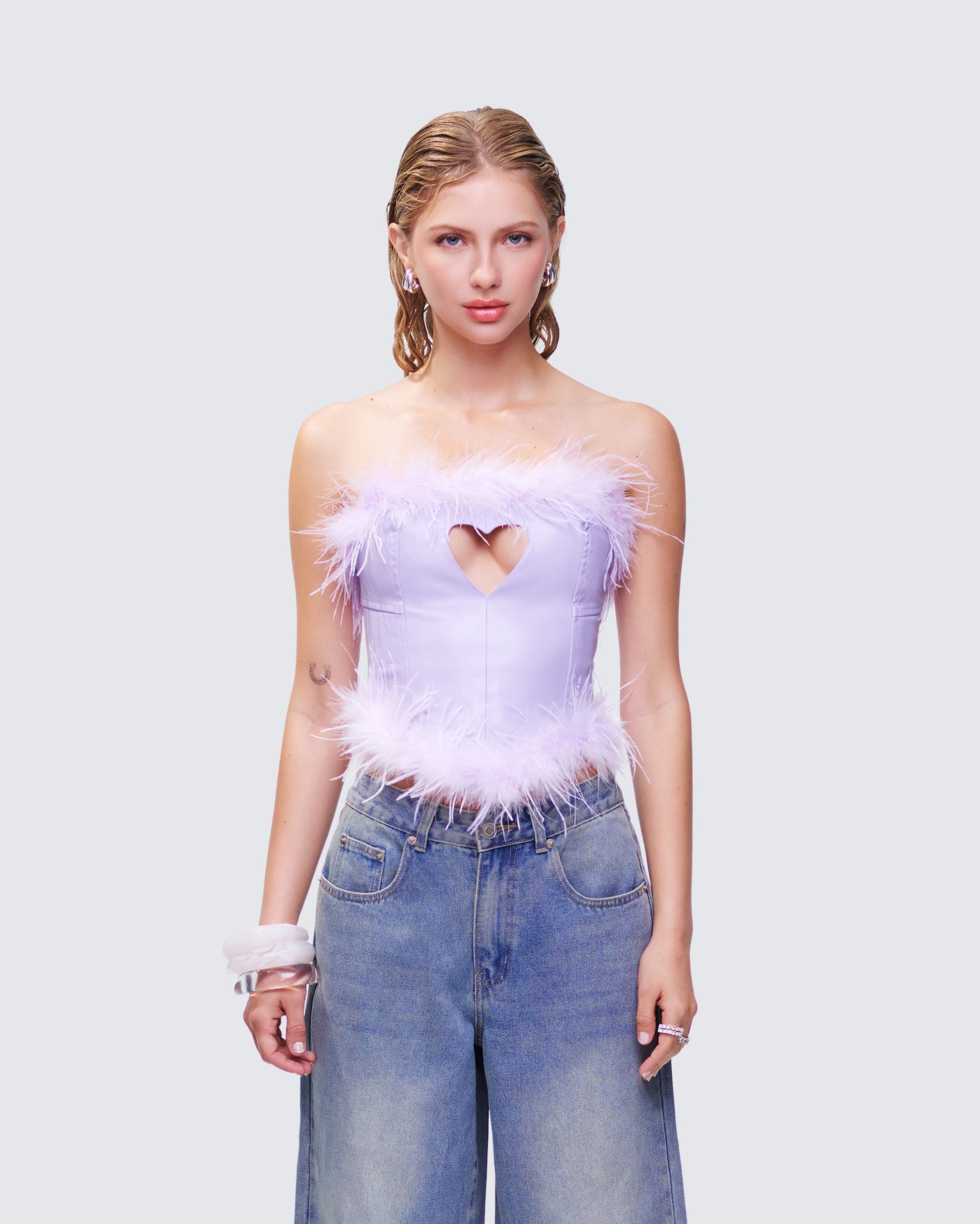 Abrielle Purple Cut Out Feather Corset Top model front