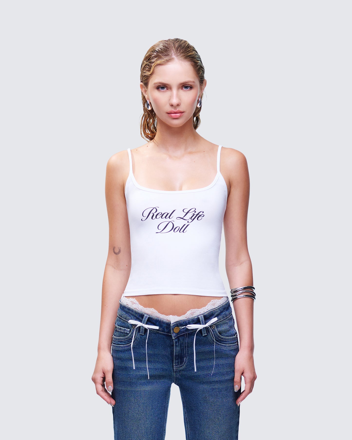 Atara White Slogan Cami Top model front