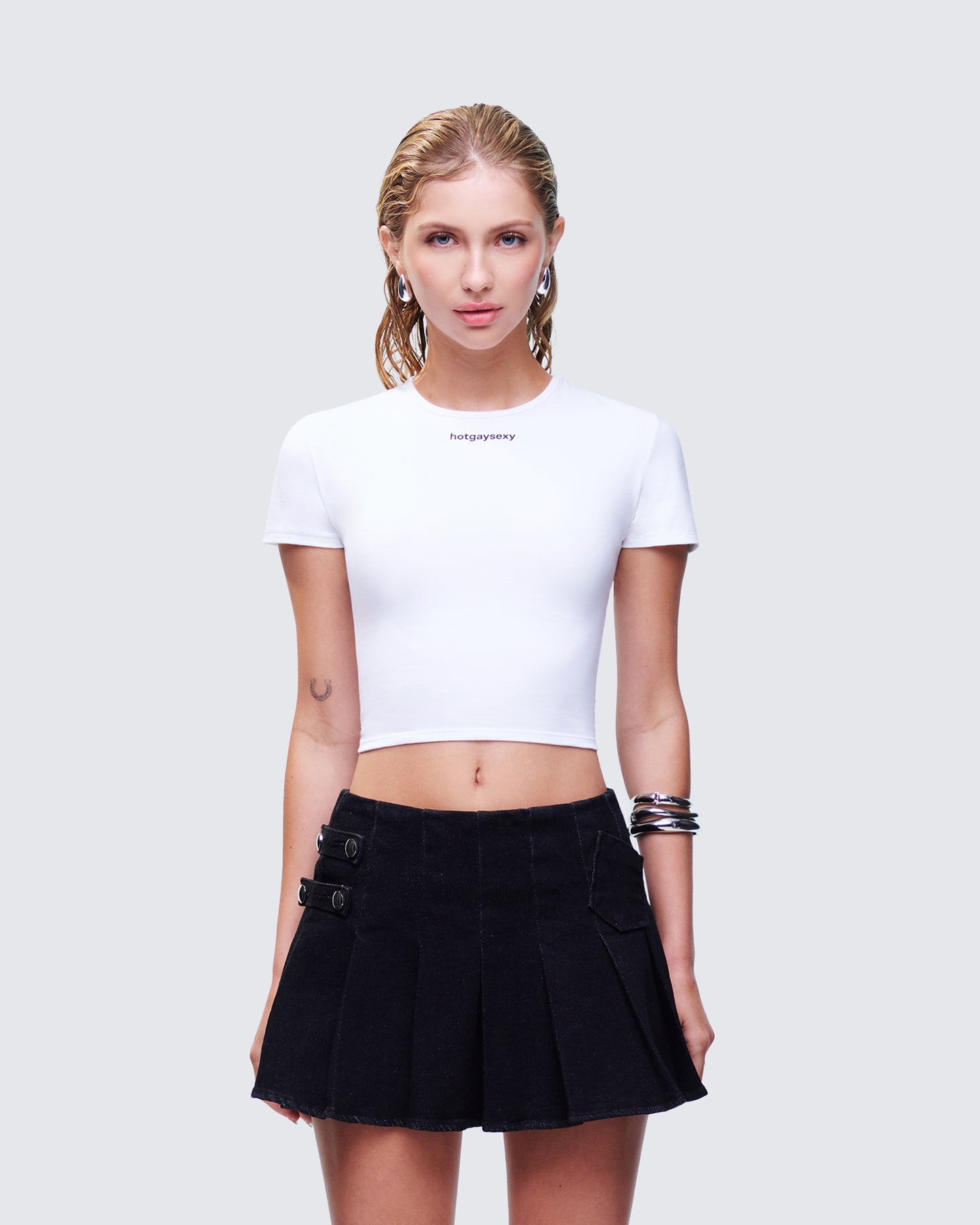 Swara White Slogan Baby Tee model front