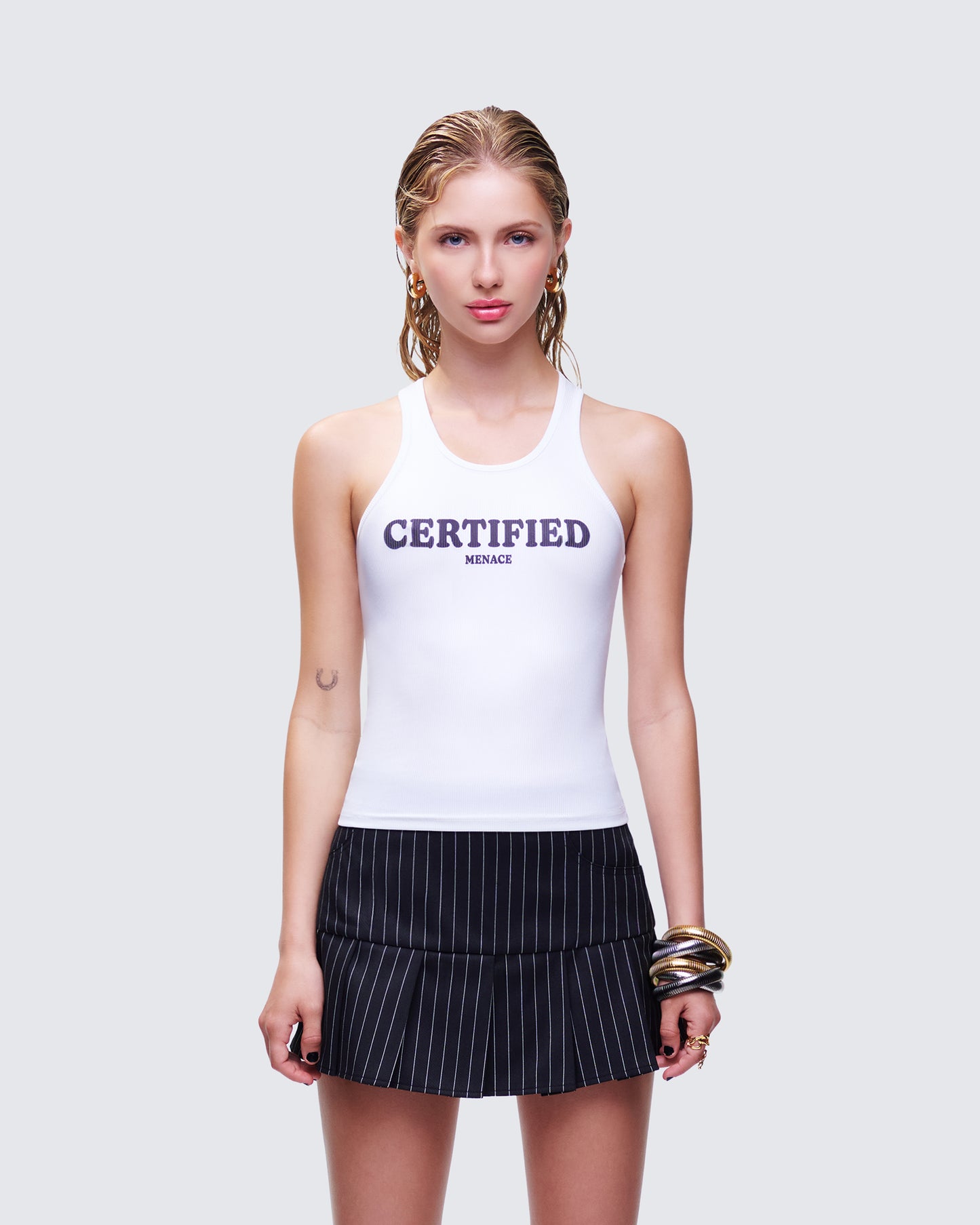 Phoenix White Ribbed Graphic Tank model front