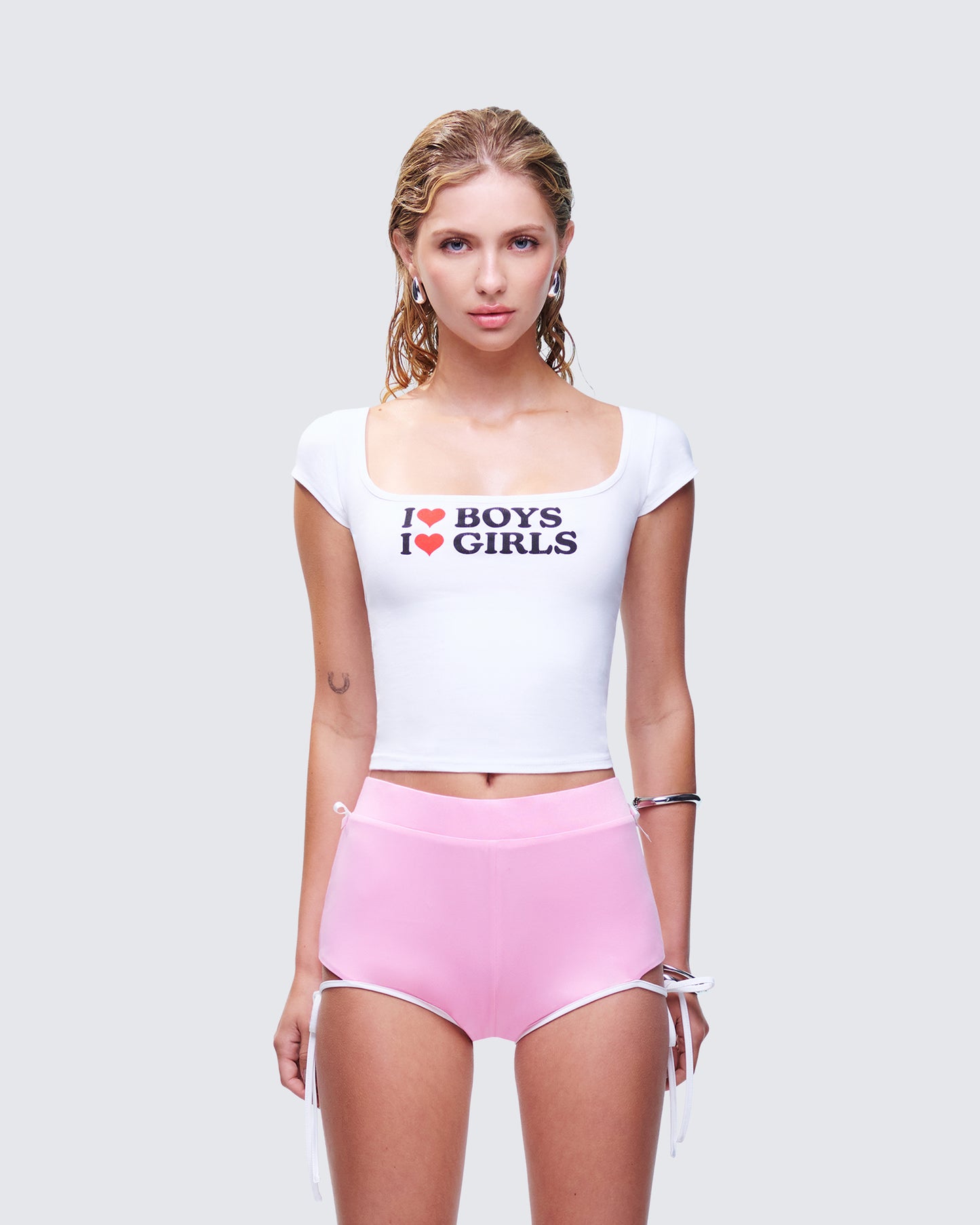 Zoya White Slogan Scoop Neck Tee model front