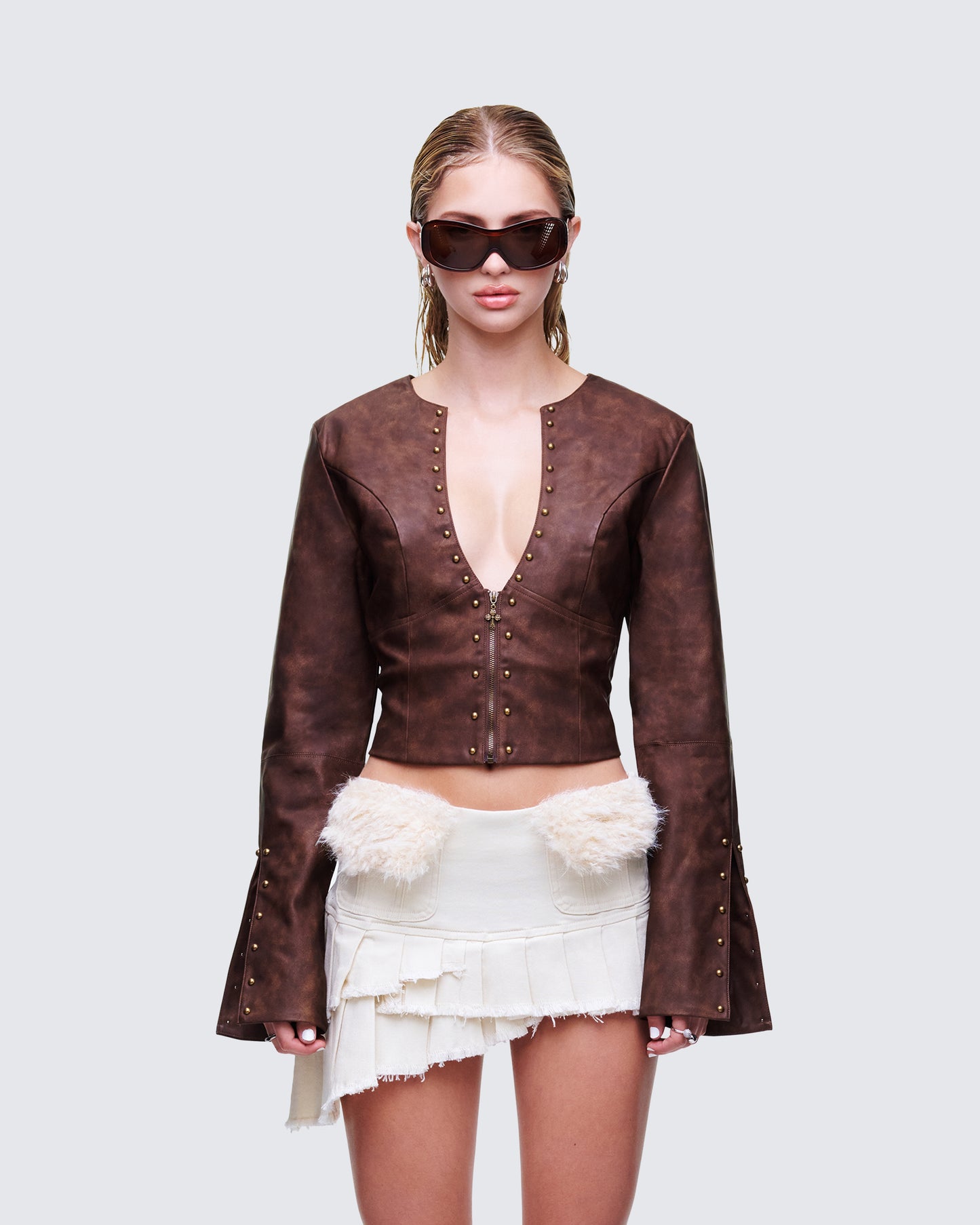Viatrix Brown Vegan Leather Studded Jacket model front