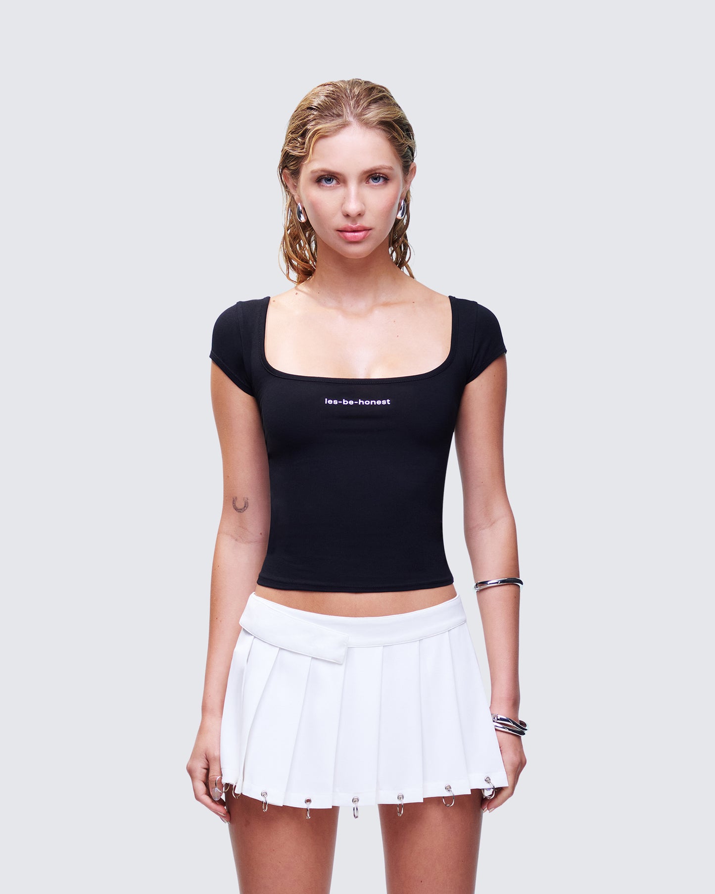 Levi Black Slogan Scoop Neck Tee model front