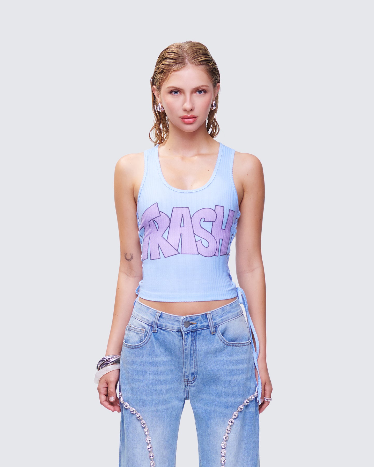 Nixie Blue Lace Up Graphic Tank