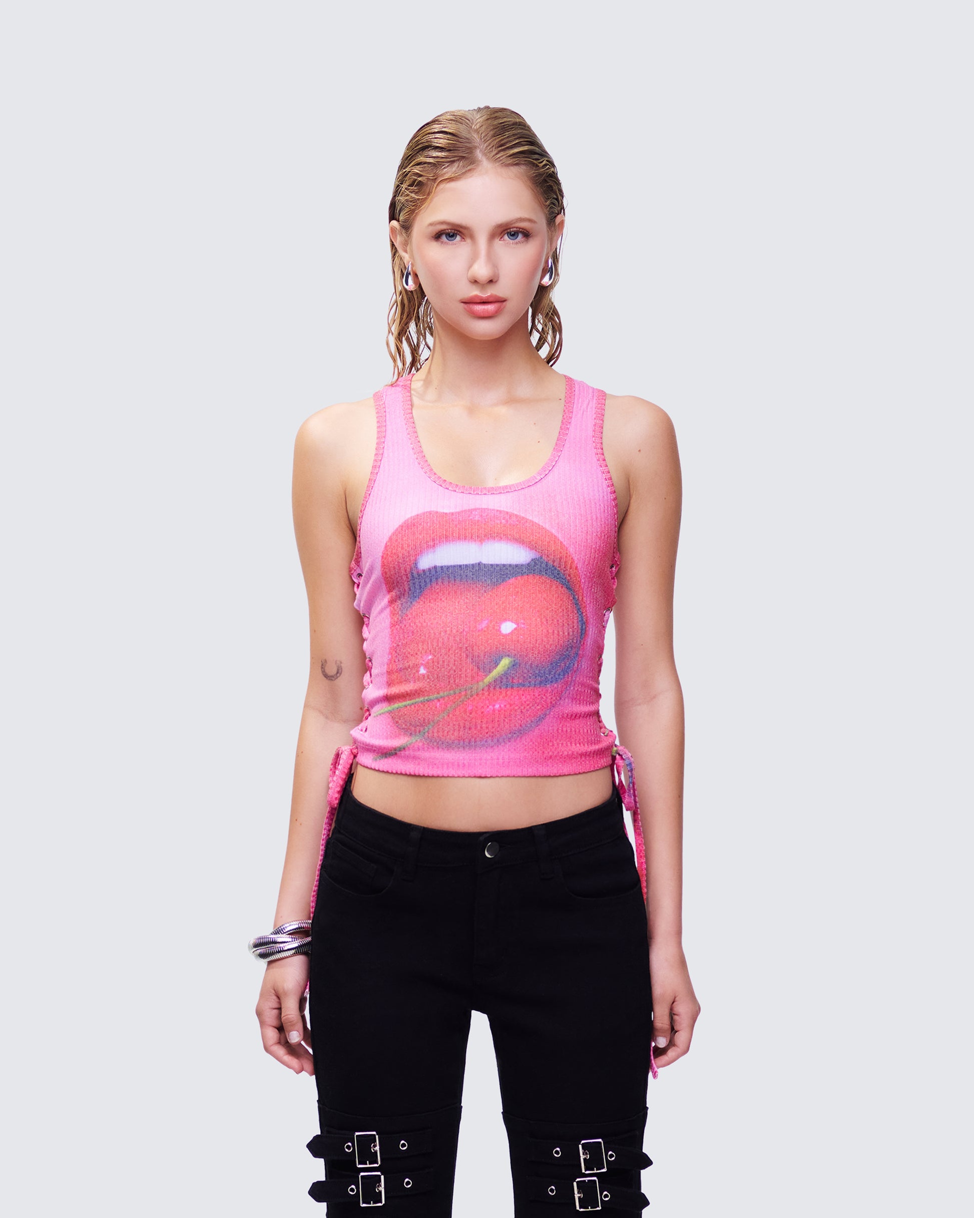 Nixie Pink Lace Up Graphic Tank model front