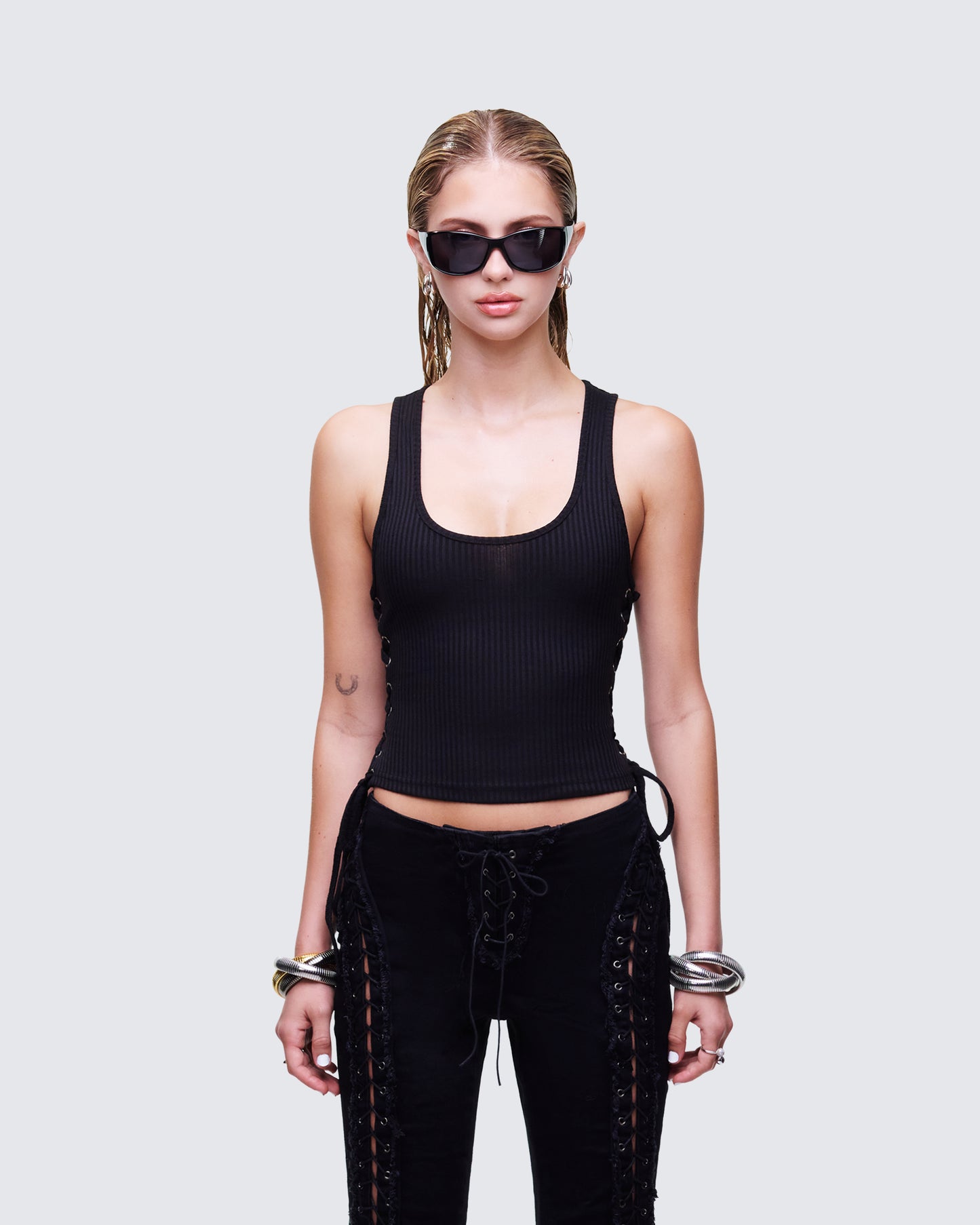Nixie Black Lace Up Tank model front