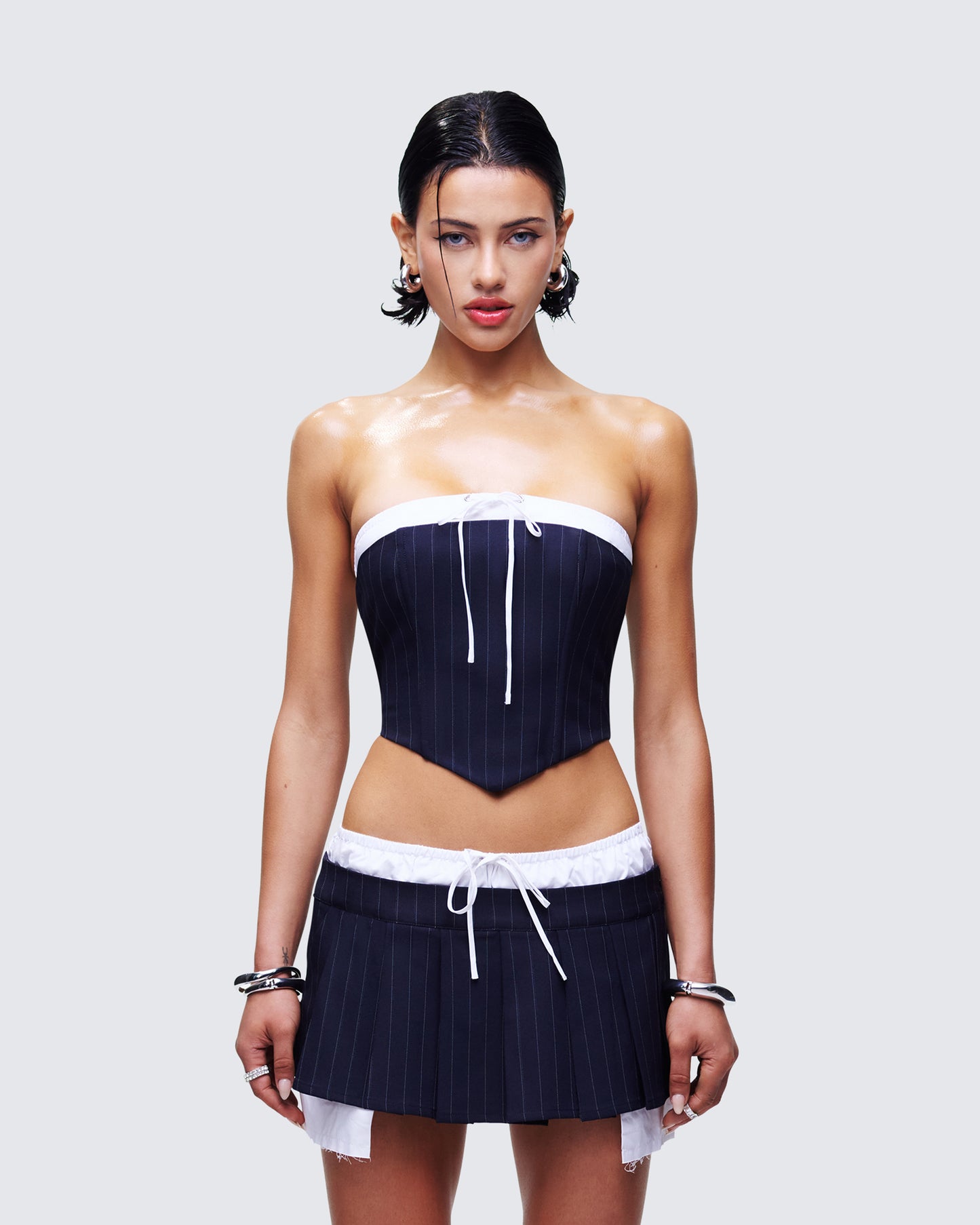 Piper Navy Pinstripe Corset Top model front